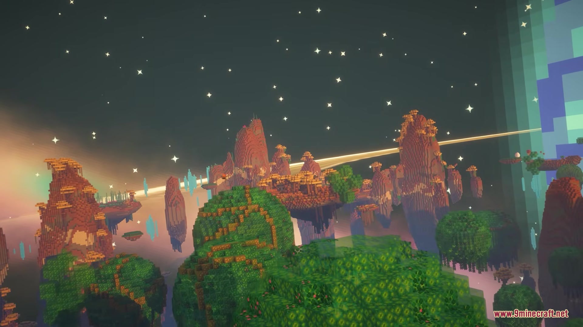 Eden Ring Forge Mod Screenshot 1 Lush floating islands and tall peaks under a starry sky with a ring