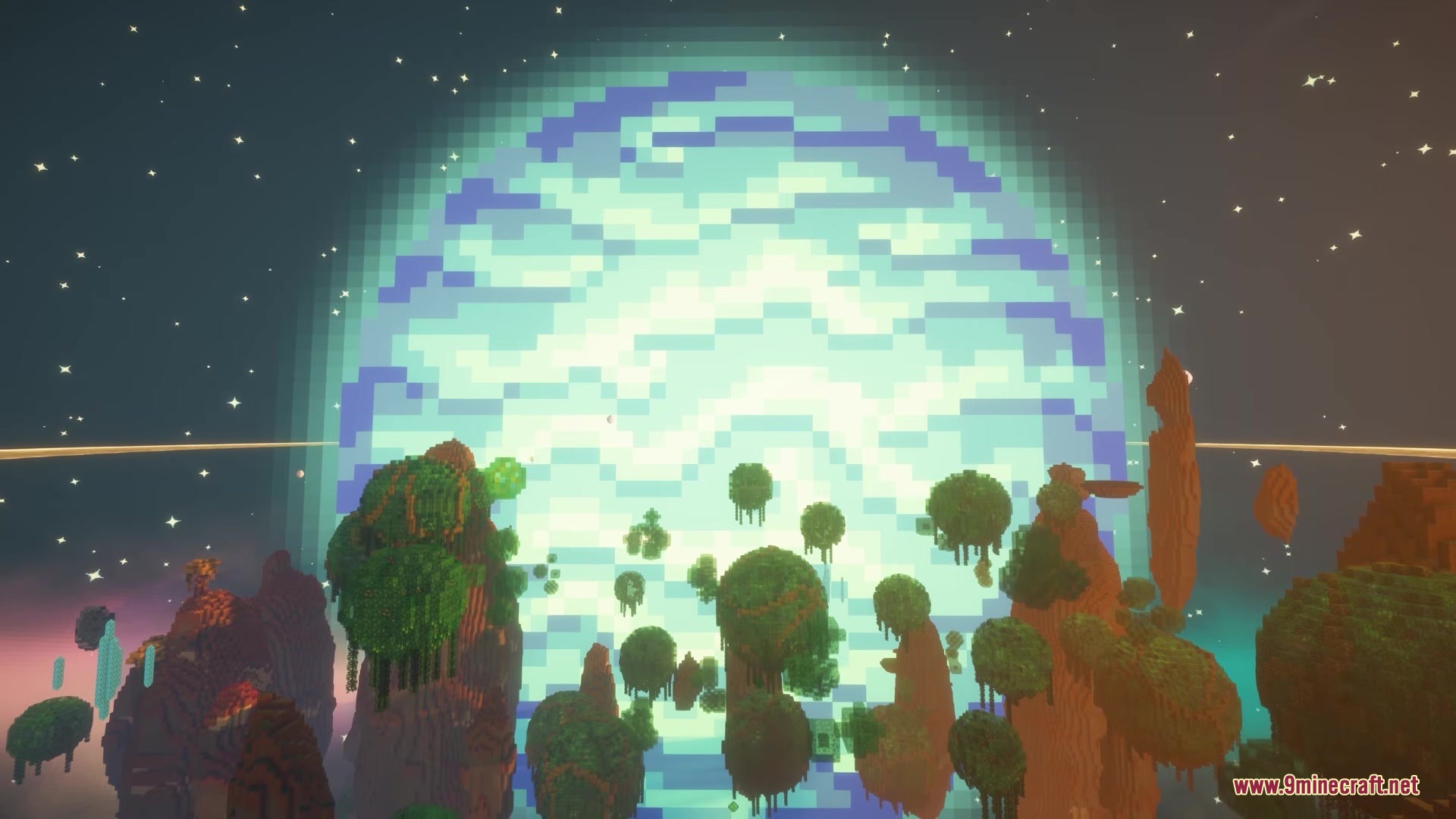Eden Ring Forge Mod Screenshot 2 A massive blue pixelated planet looms over floating islands and green trees