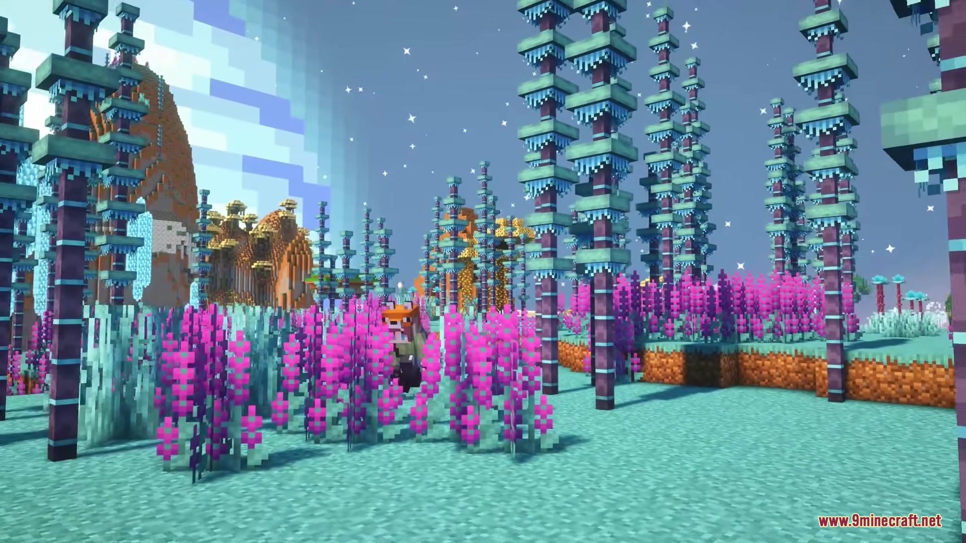 Eden Ring Forge Mod Screenshot 3 A fox explores a vibrant alien biome with tall purple flowers and trees