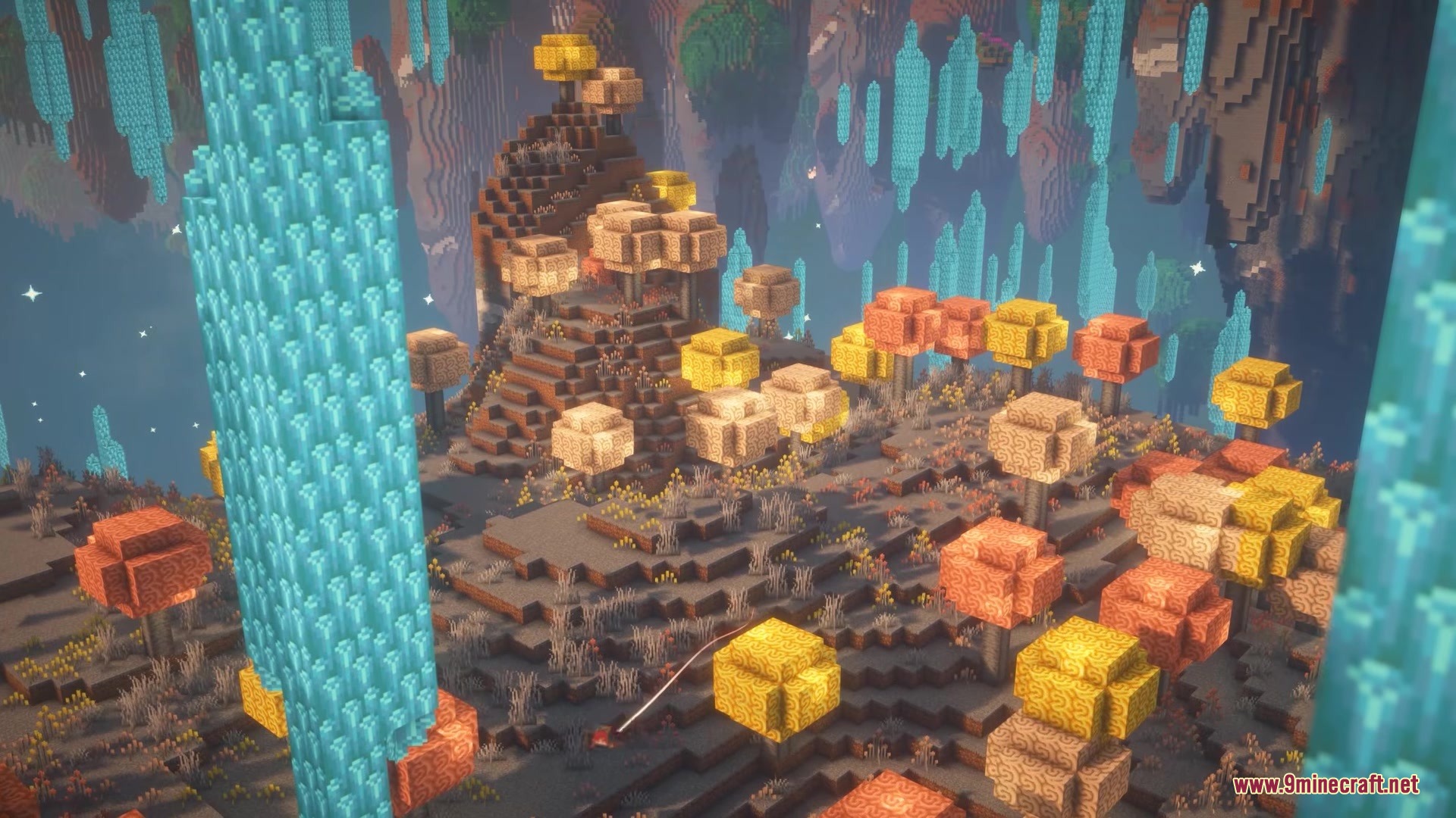 Eden Ring Forge Mod Screenshot 4 Floating islands featuring golden trees and massive glowing blue crystal pillars in space