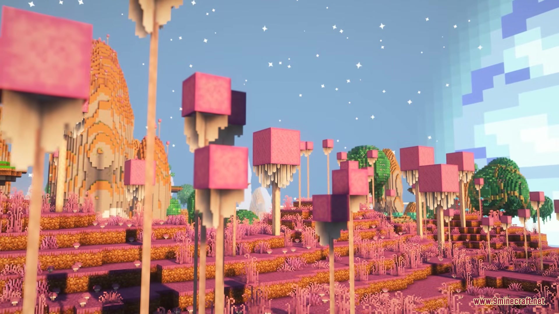 Eden Ring Forge Mod Screenshot 5 Pink cube plants and orange mountains under a starry alien sky