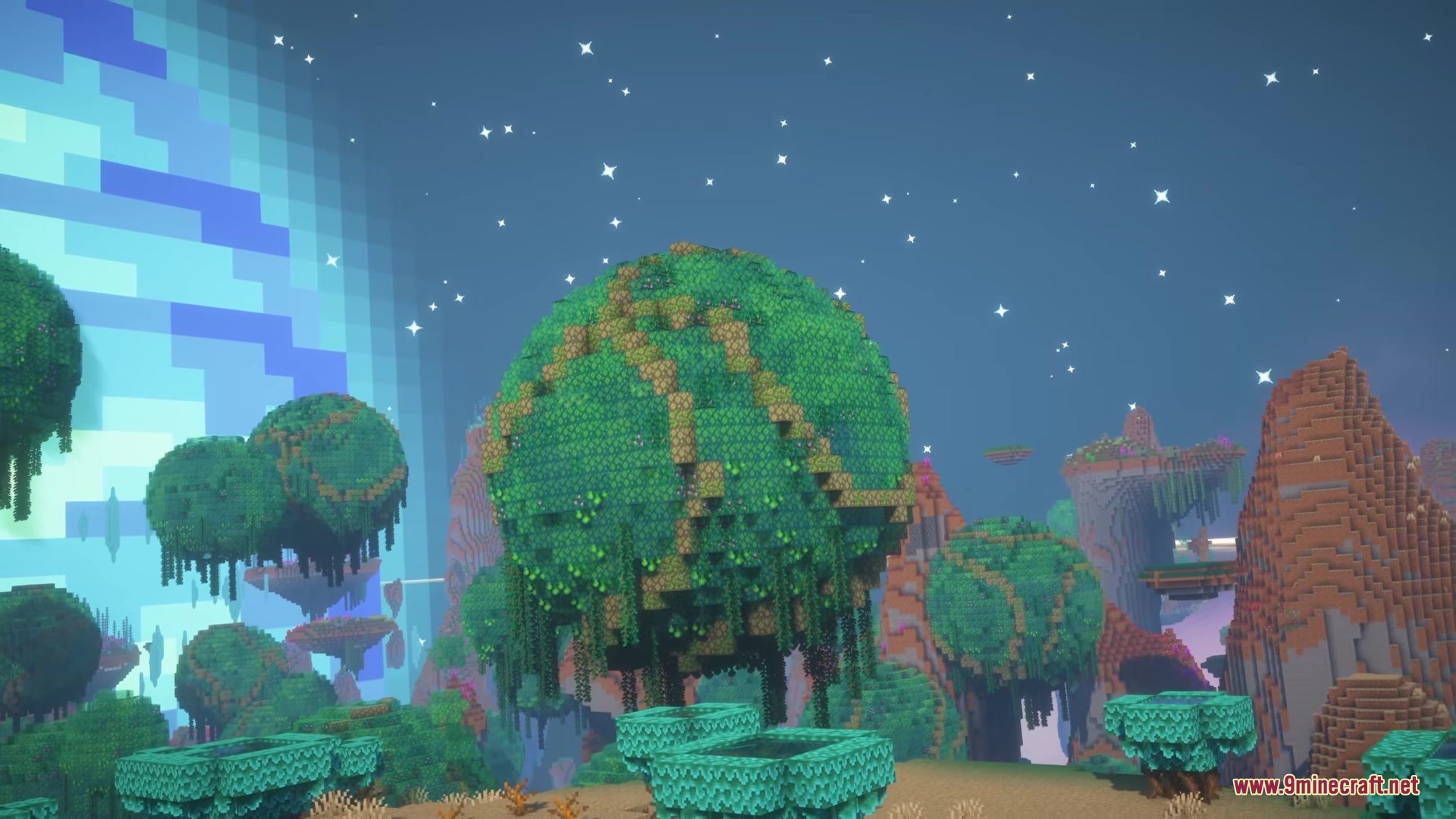 Eden Ring Forge Mod Screenshot 6 Large spherical green trees with vines on floating islands in space