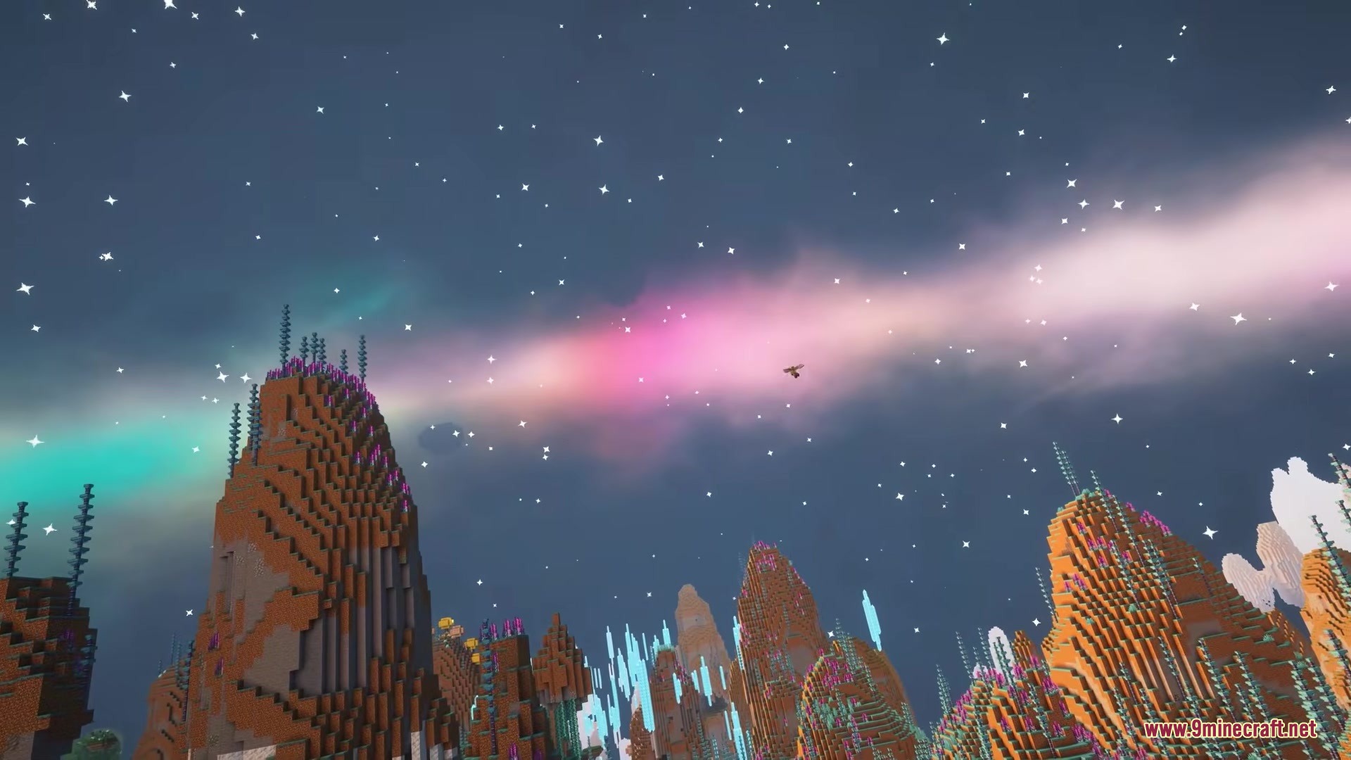 Eden Ring Forge Mod Screenshot 7 Layered rock mountains stand under a vibrant pink nebula in the Eden Ring