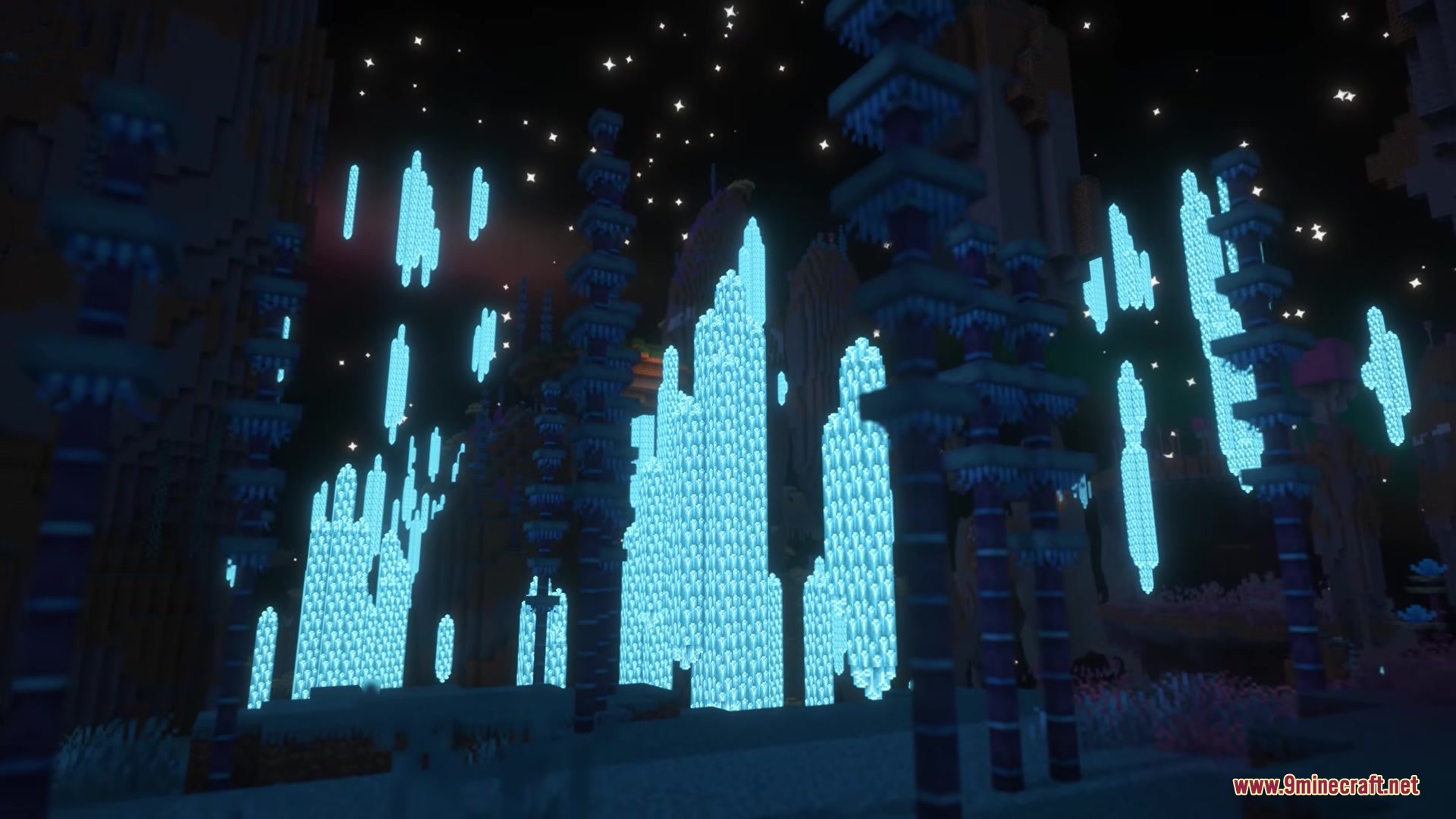 Eden Ring Forge Mod Screenshot 8 Bright blue glowing crystals grow in a dark forest under a starry sky