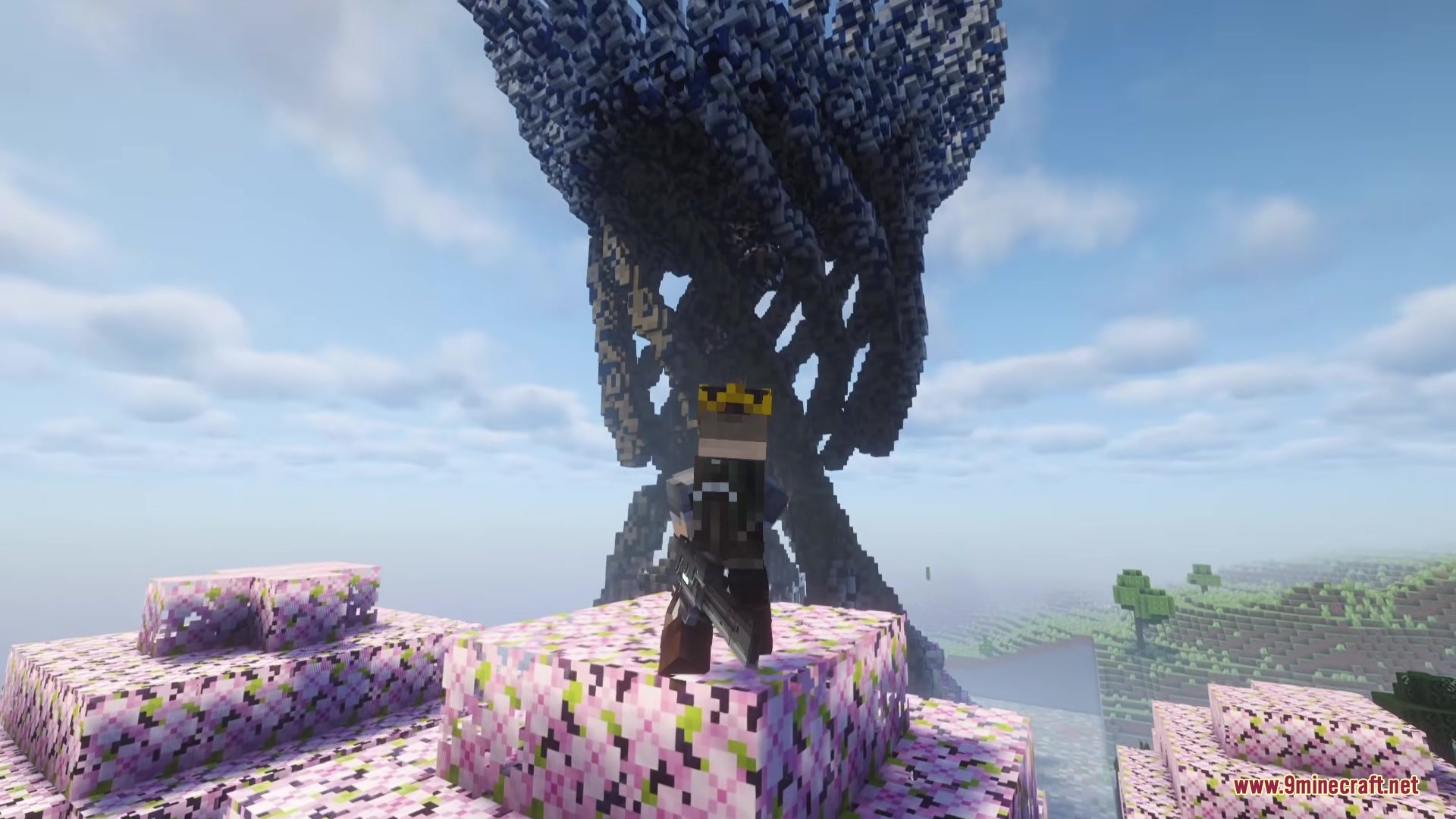 Efn Bosses Mod Screenshot 1 A player stands on pink blocks looking at the massive Qliphoth Tree