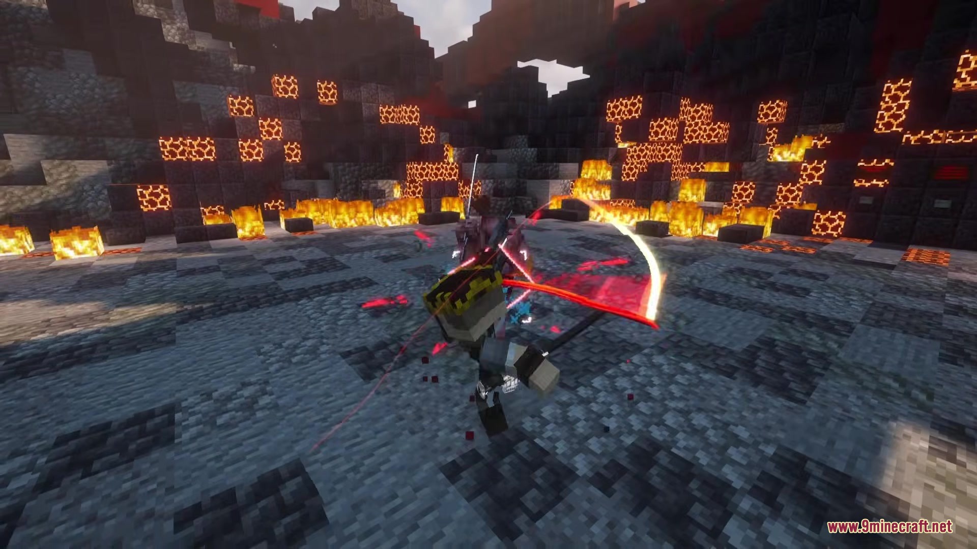 Efn Bosses Mod Screenshot 10 A warrior swinging a sword with a large red arc in a lava arena