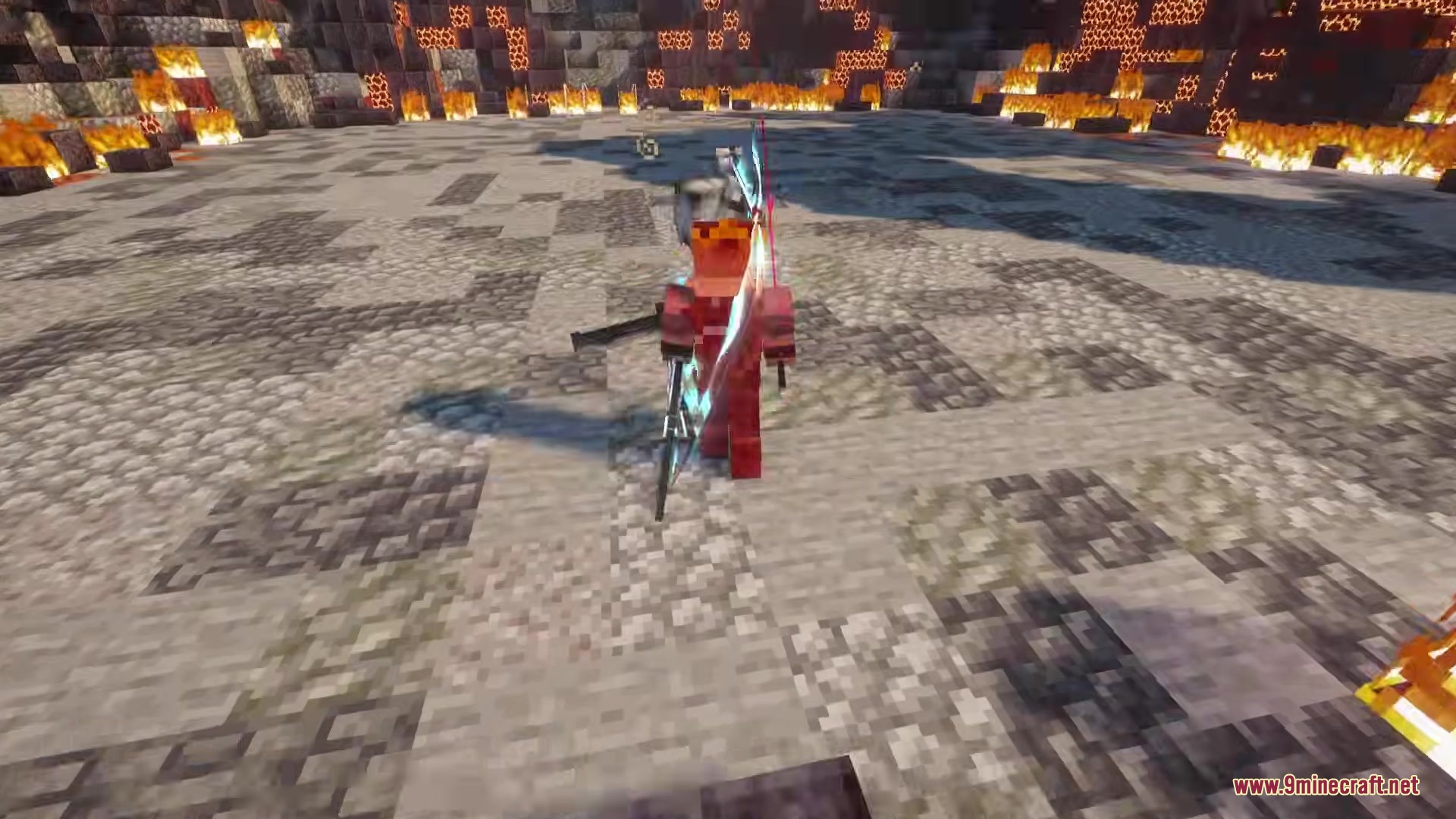 Efn Bosses Mod Screenshot 11 A boss character in red armor wielding a glowing katana in fire