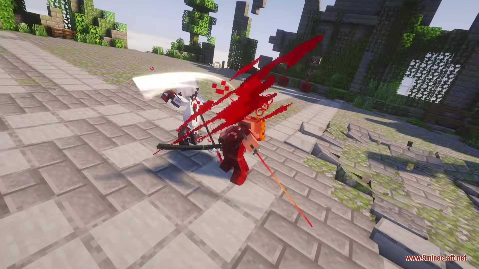 Efn Bosses Mod Screenshot 13 Two warriors engage in a fast paced katana duel with red slash effects