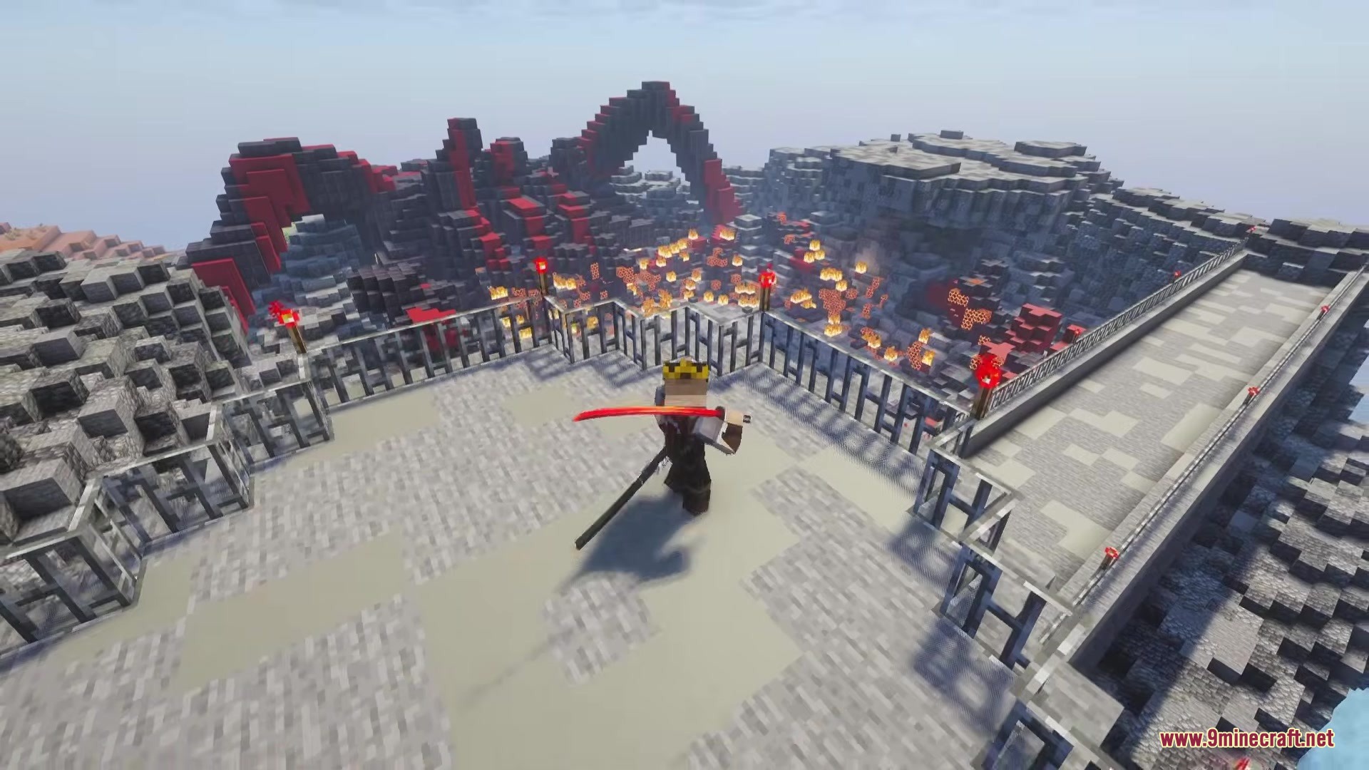 Efn Bosses Mod Screenshot 14 A player stands on a balcony overlooking a large fiery battle arena