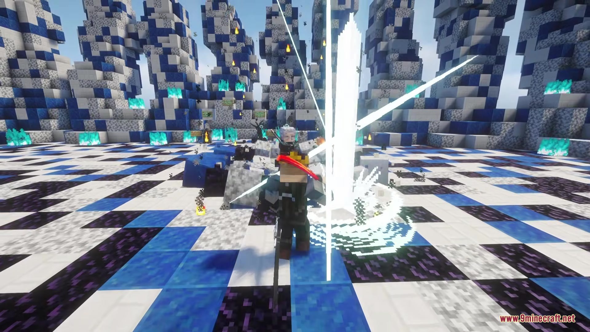 Efn Bosses Mod Screenshot 3 A boss character summons a powerful white energy pillar in a checkered battle arena