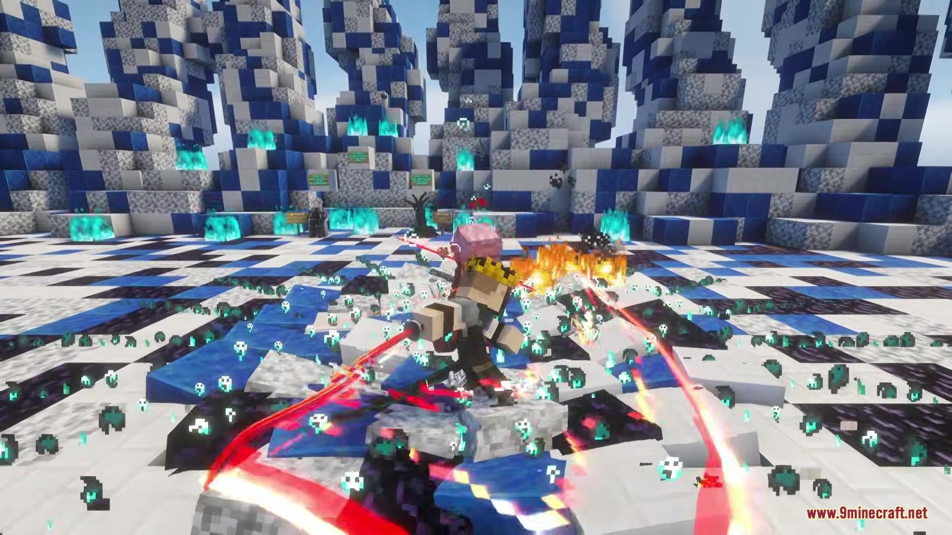 Efn Bosses Mod Screenshot 4 A warrior performs a circular red sword slash in a checkered battle arena