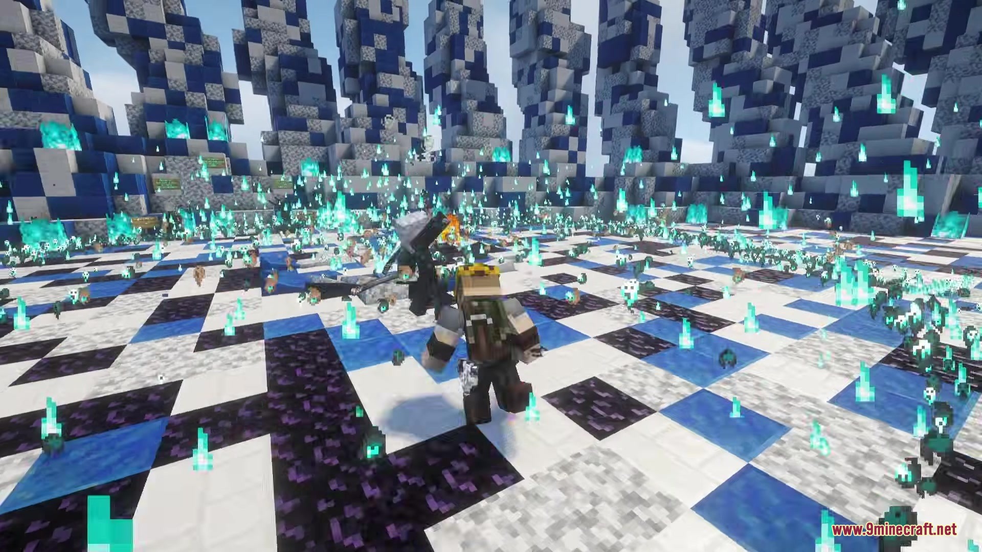 Efn Bosses Mod Screenshot 7 Player fighting a boss in a checkered arena surrounded by blue soul fire