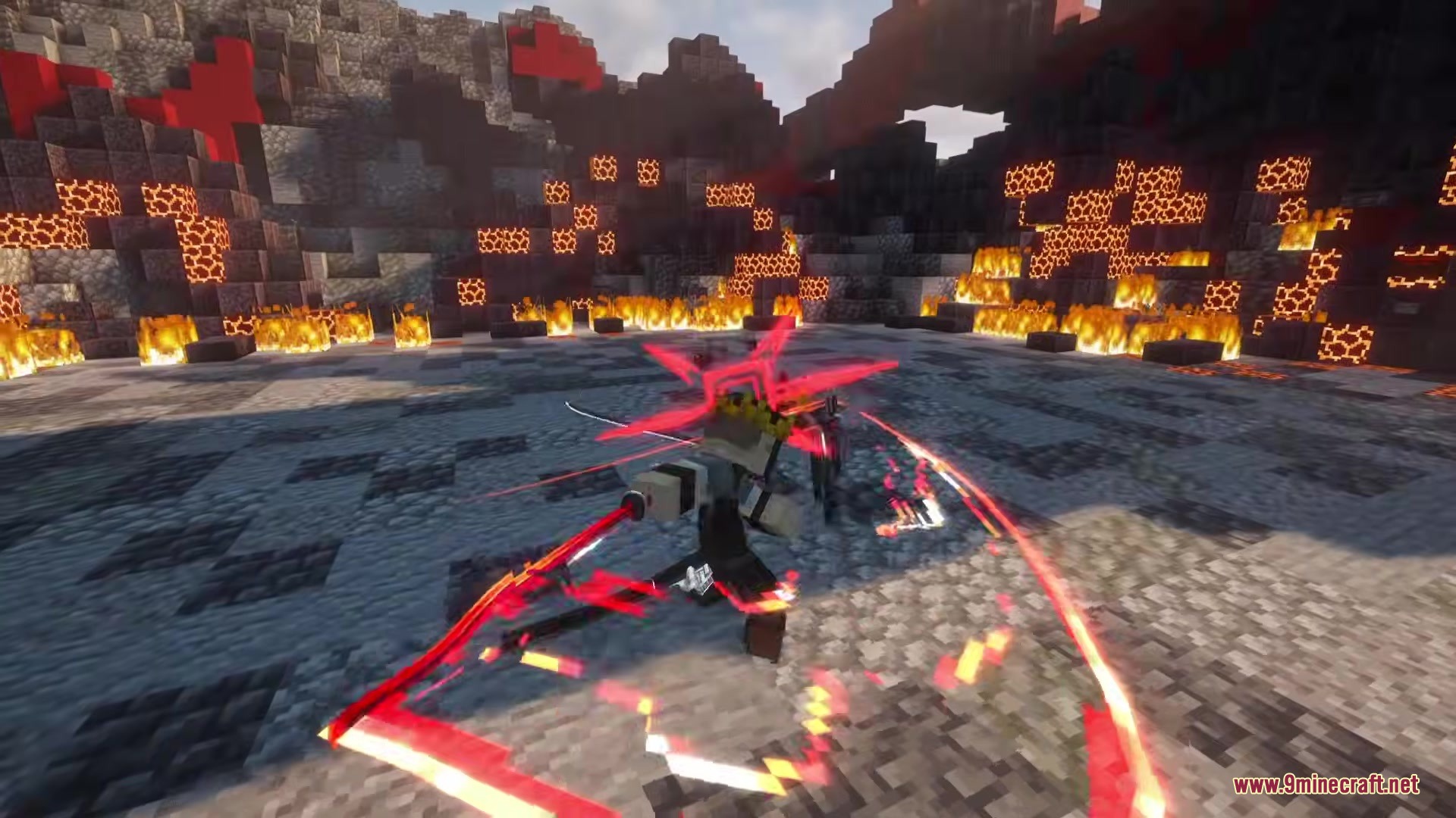 Efn Bosses Mod Screenshot 8 A character performs a red spinning sword attack in a fiery stone arena