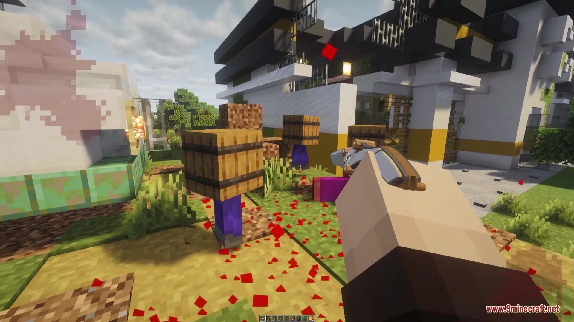 Player aims a gun at zombies wearing barrels in a modern garden