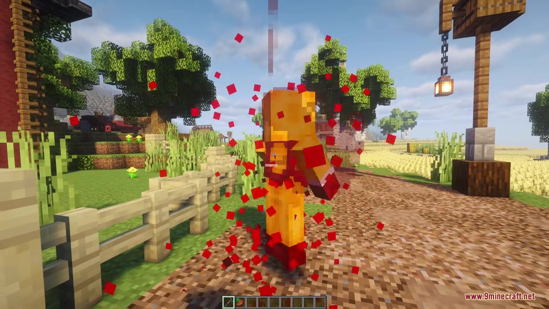 A custom zombie variant surrounded by red particles stands on a path