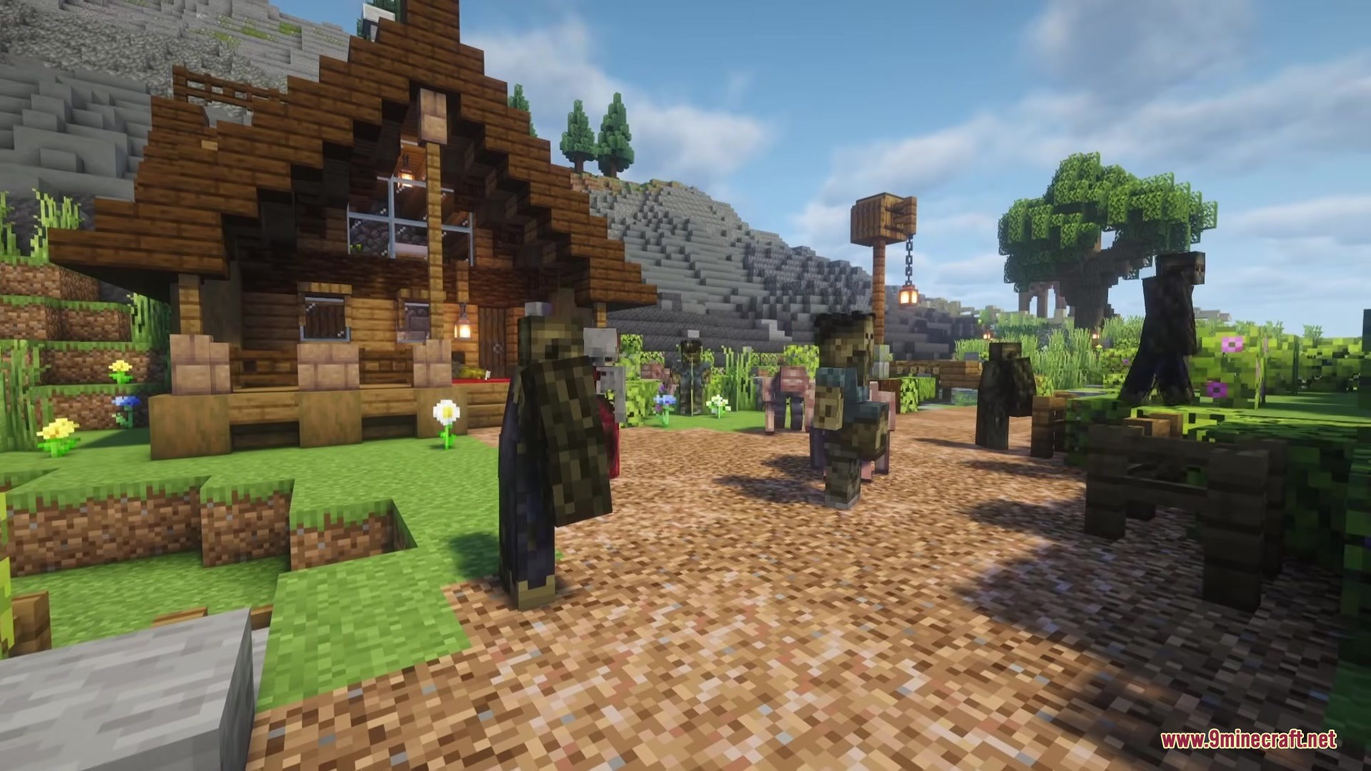 Various custom zombies roaming around a wooden house on a sunny day