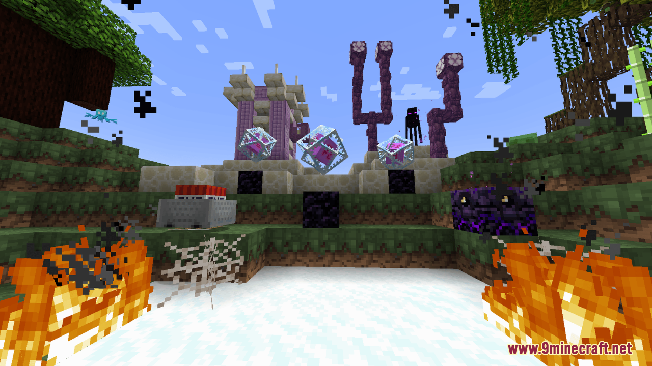 Enderman and end crystals near a purple tower with fire in the foreground