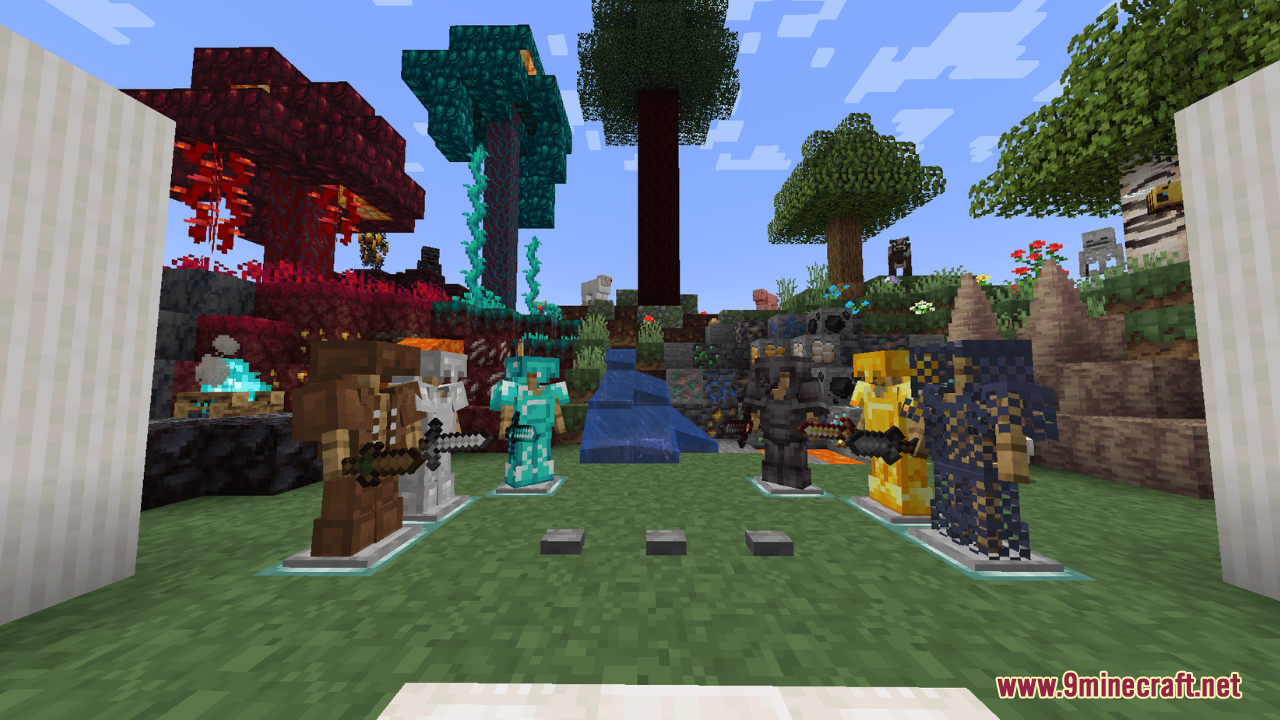 Armor stands displaying polished armor sets from the Embers Resource Pack