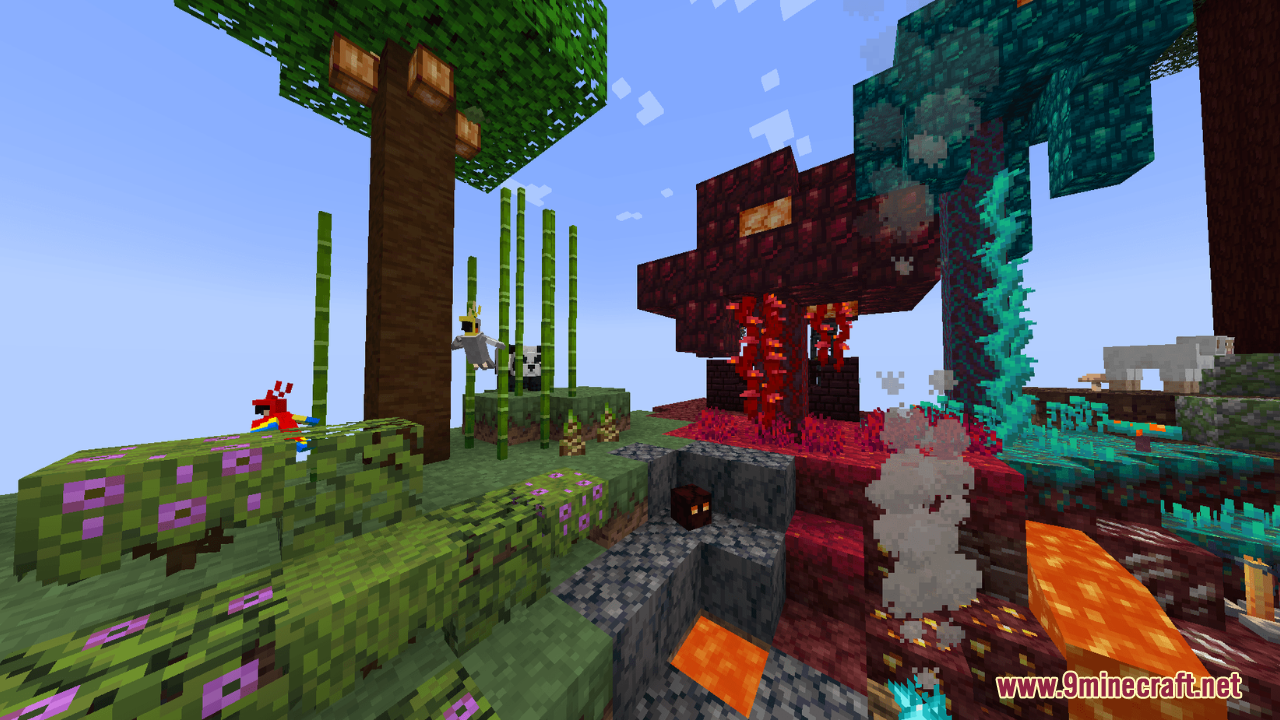 A vibrant Minecraft landscape featuring bamboo forests and colorful nether vegetation