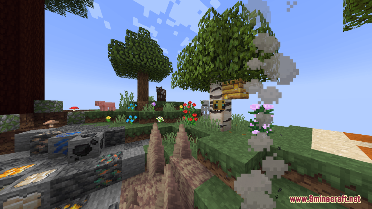 Minecraft landscape featuring various ores and animals with a bee near a beehive