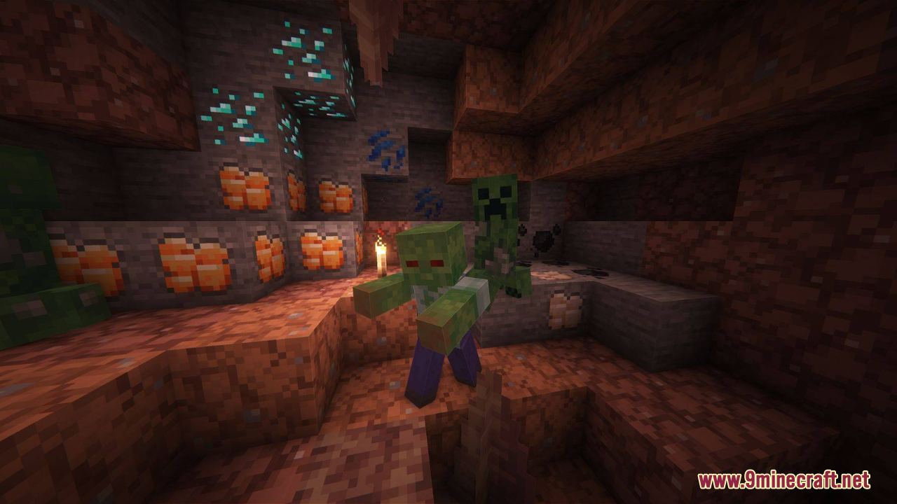 A zombie and creeper stand in a cave with updated ore textures