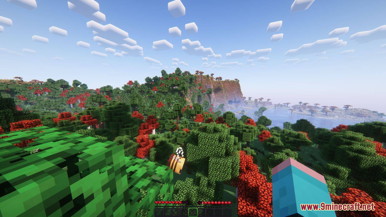 A lush Minecraft forest with vibrant red and green trees and a bee