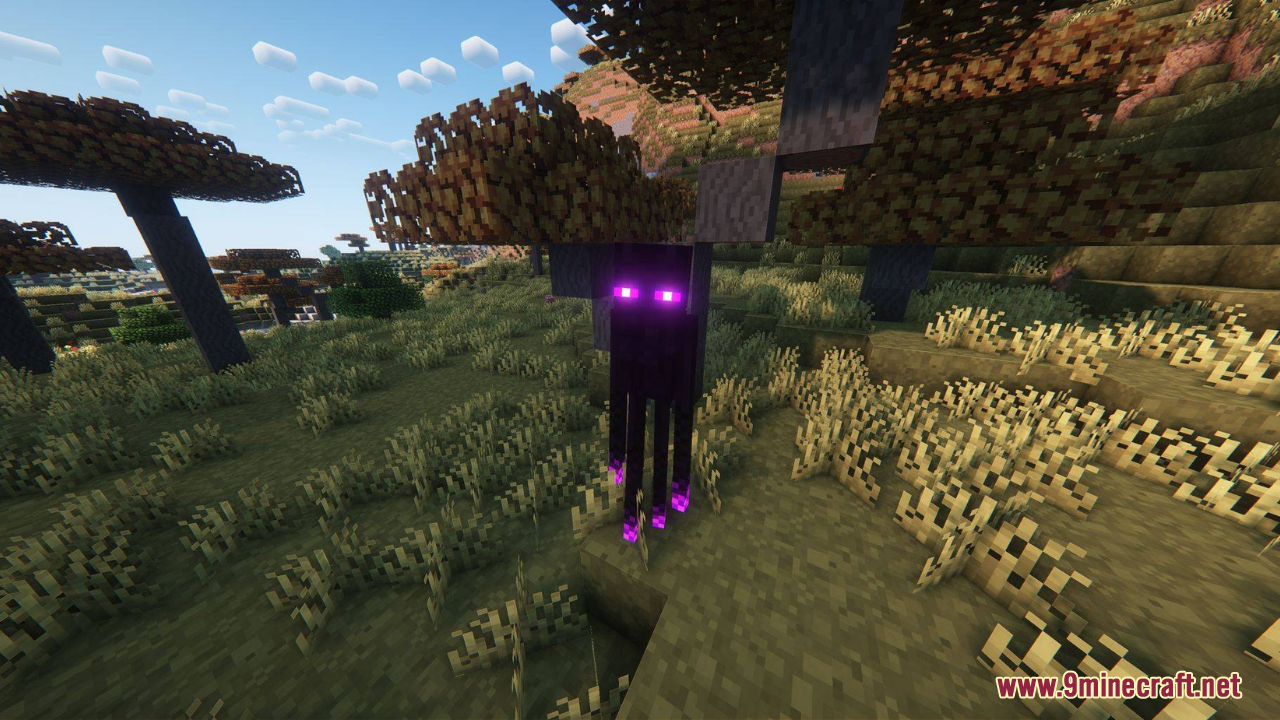 An Enderman with glowing purple eyes stands under a tree in the savanna