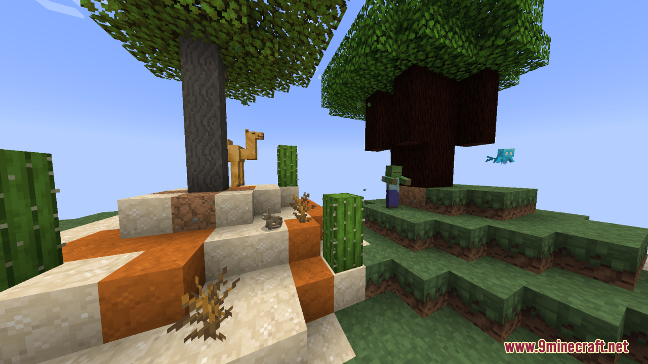 A camel and rabbit stand near a tree with unique bark textures