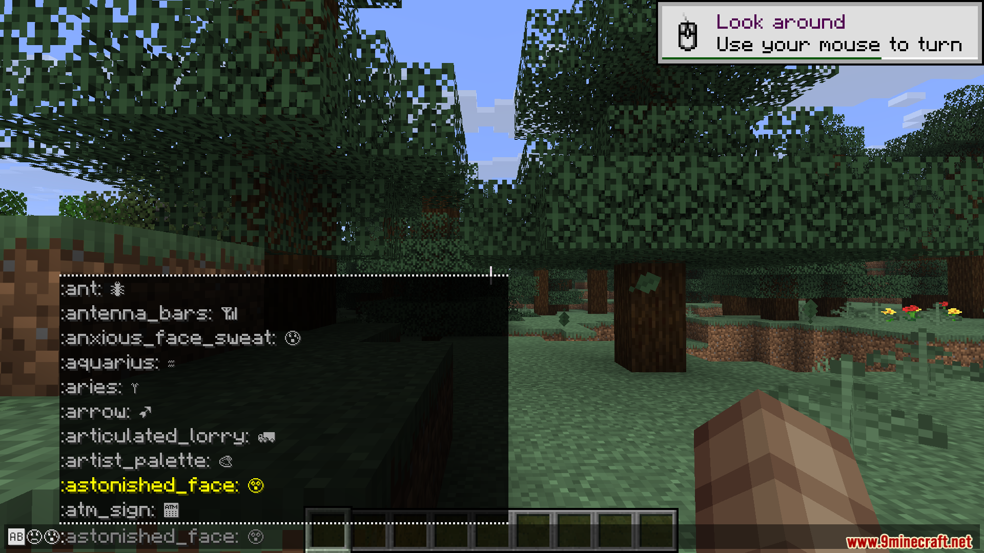 Emojis Mod Screenshot 3 A player views a list of emoji suggestions in the Minecraft chat box