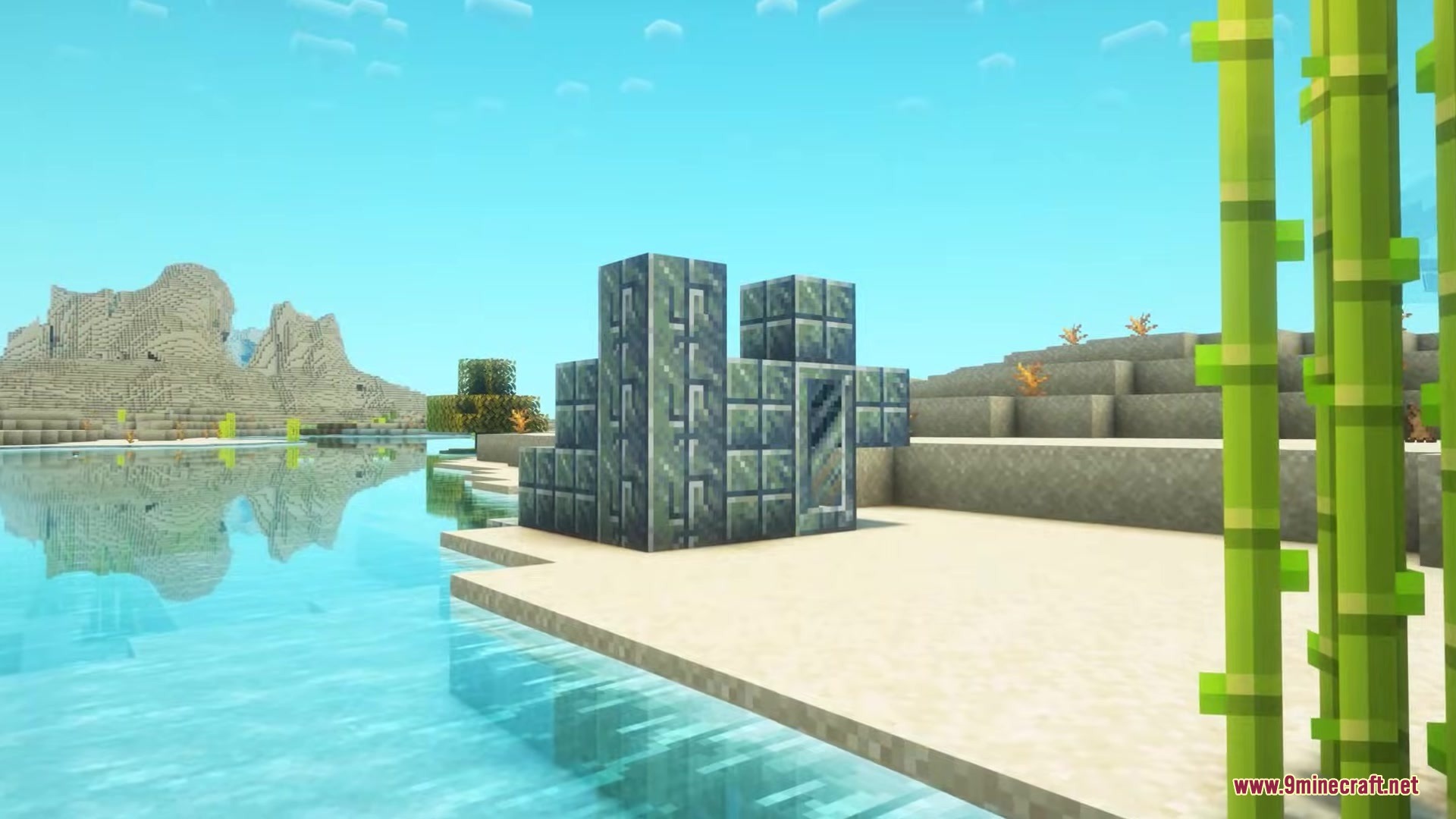 Ender Beetles Mod Screenshot 1 A dark green incubator block structure stands on a sandy beach near water
