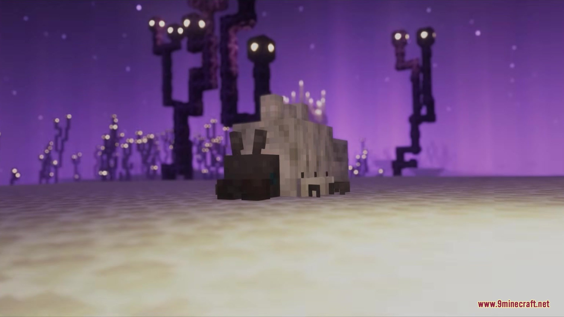 Ender Beetles Mod Screenshot 2 A large beetle rests on the ground in the purple End dimension landscape