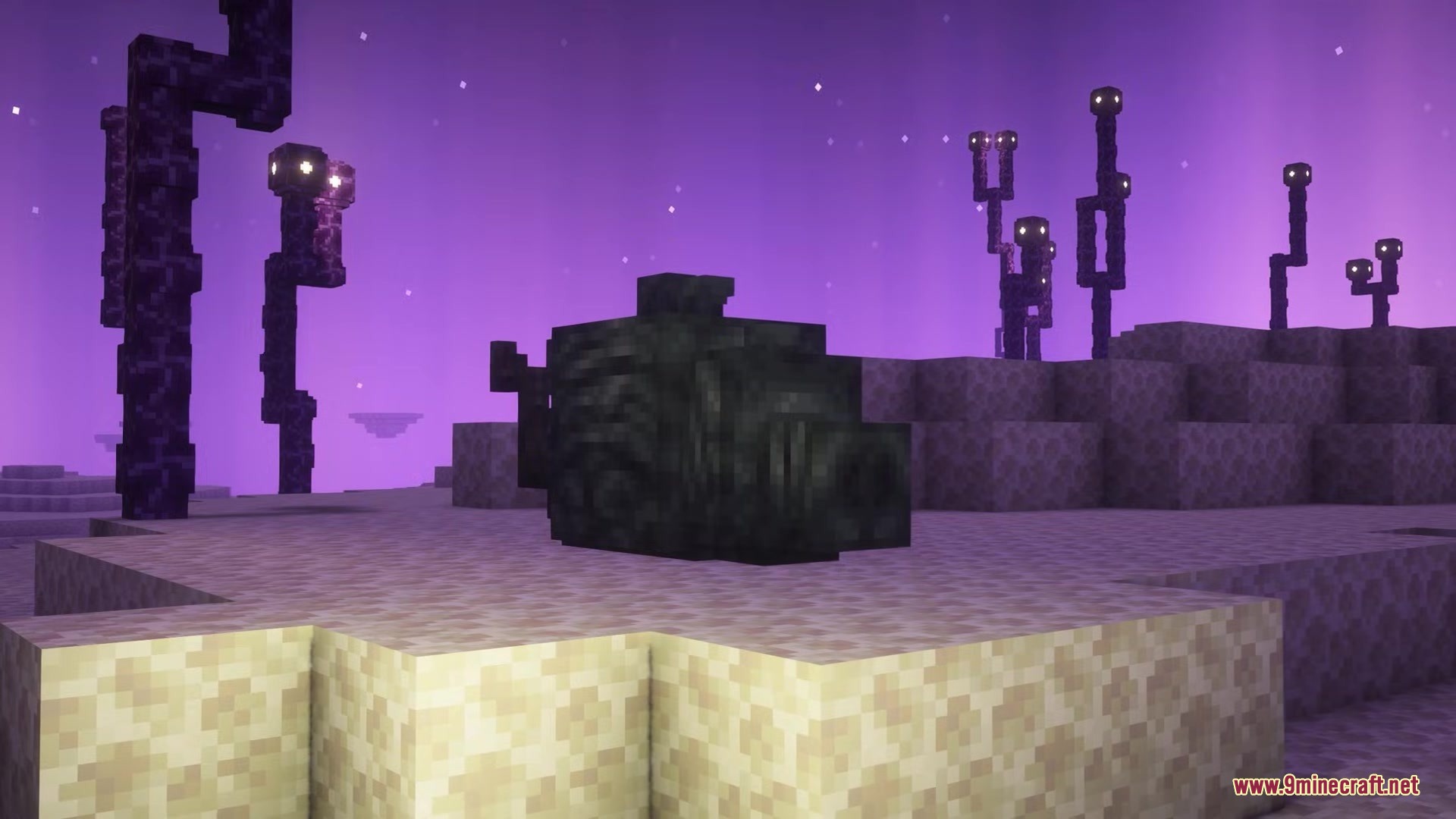 Ender Beetles Mod Screenshot 5 A large dark beetle rests on the ground in the End dimension