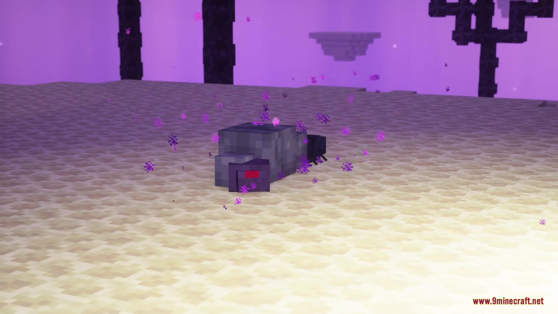 Ender Beetles Mod Screenshot 6 A small grey creature emits purple particles while resting on end stone