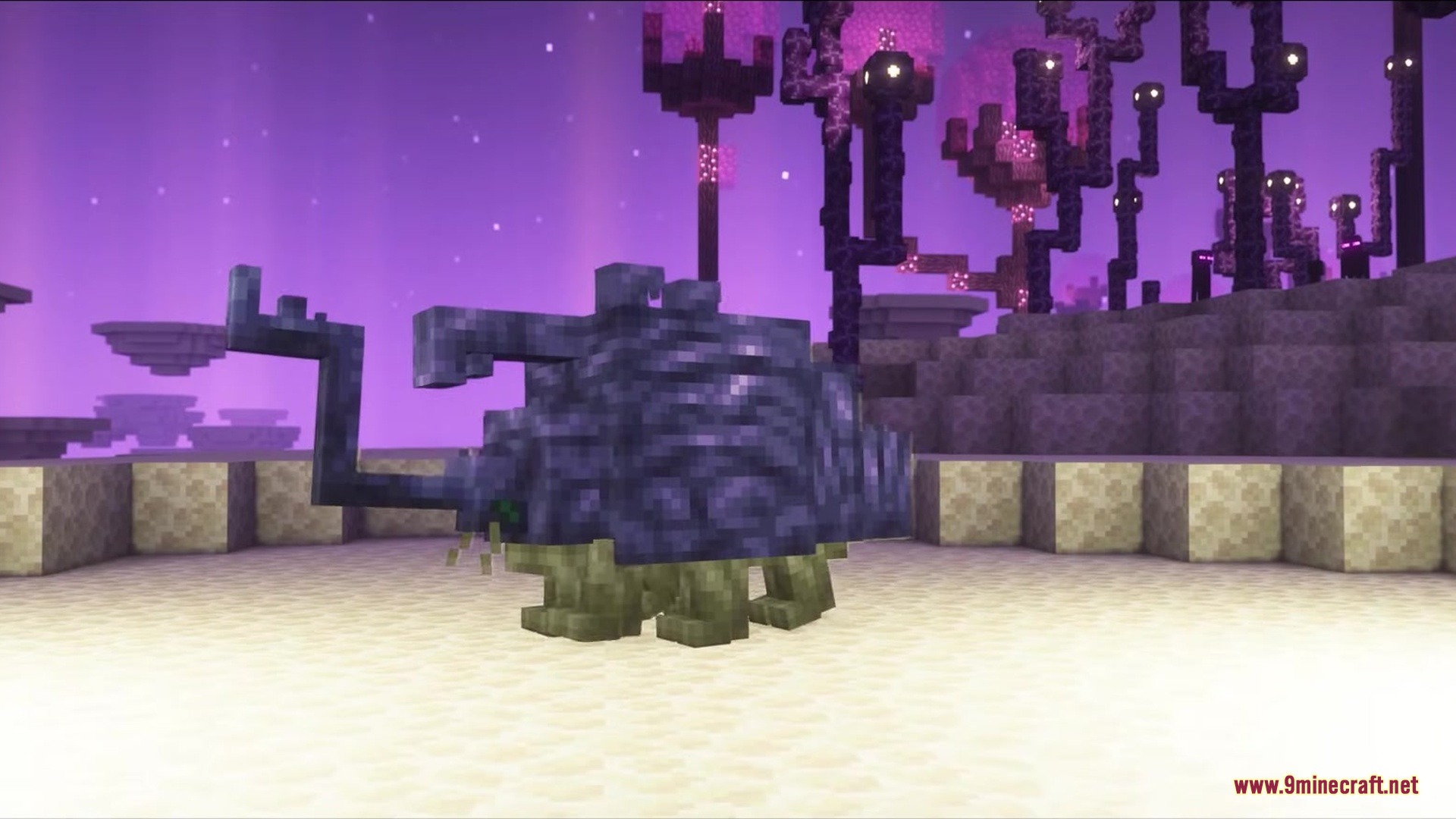 Ender Beetles Mod Screenshot 7 A large ancient beetle with a horn stands in the End dimension