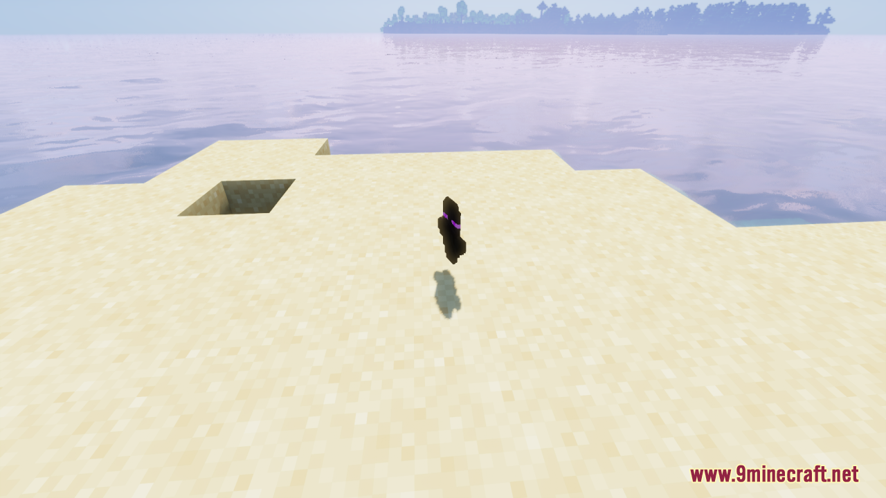 Enderman Totem of Undying Resource Pack Screenshot 10 A custom black totem item floating above the sand in Minecraft