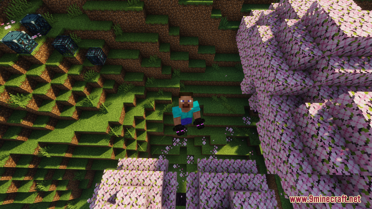 Enderman Totem of Undying Resource Pack Screenshot 2 Steve character holding two dark Enderman totems while standing on green grass