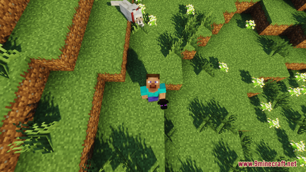 Enderman Totem of Undying Resource Pack Screenshot 4 Steve stands on a grassy hill while holding a custom Enderman totem
