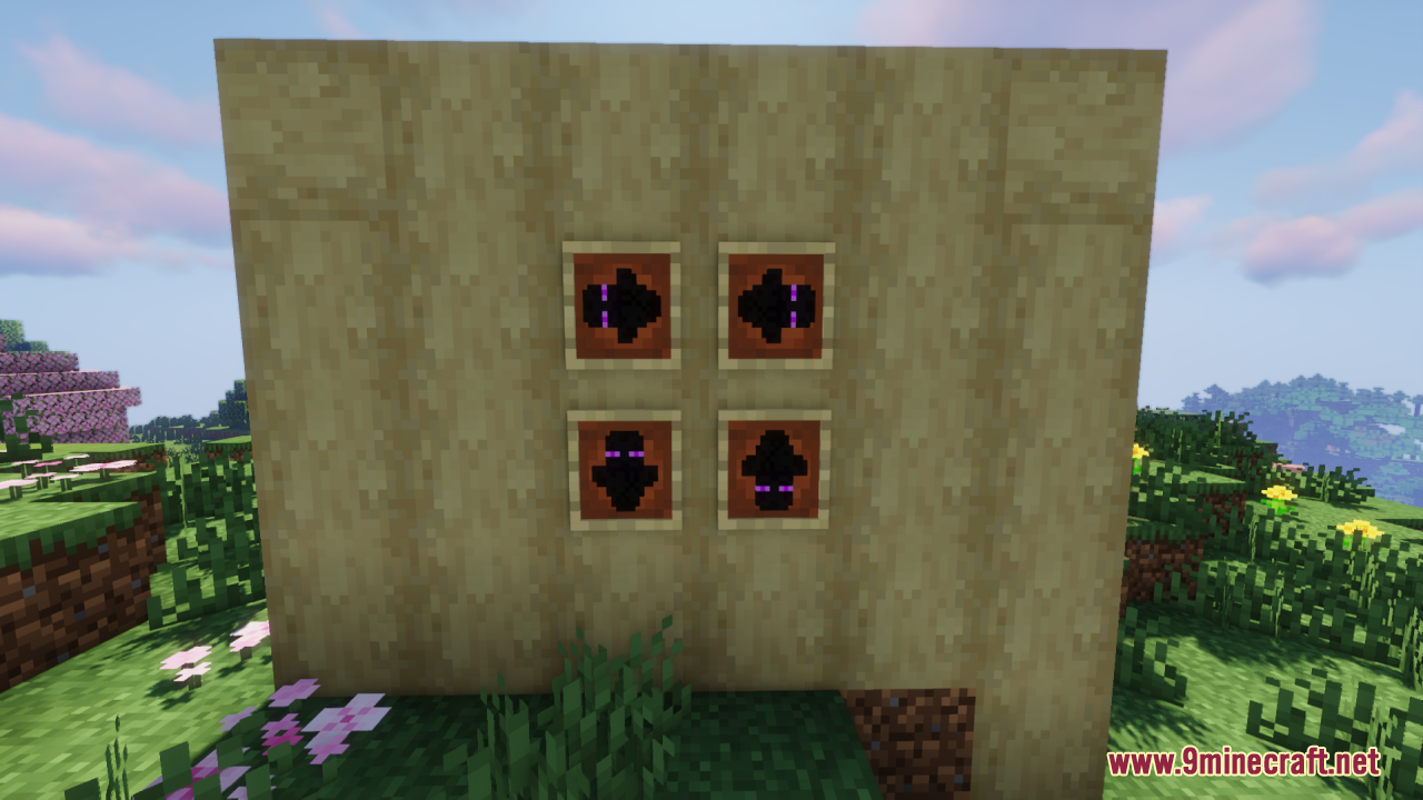 Enderman Totem of Undying Resource Pack Screenshot 6 Four Enderman totems of undying are displayed in item frames on a wall