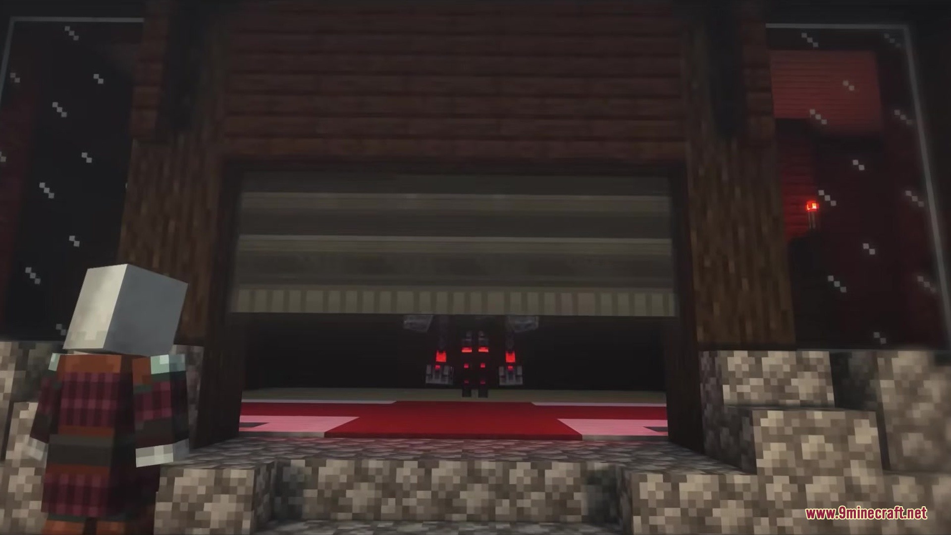 Endermanballs Mod Screenshot 2 An Illager character stands before a large wooden building with a red carpet