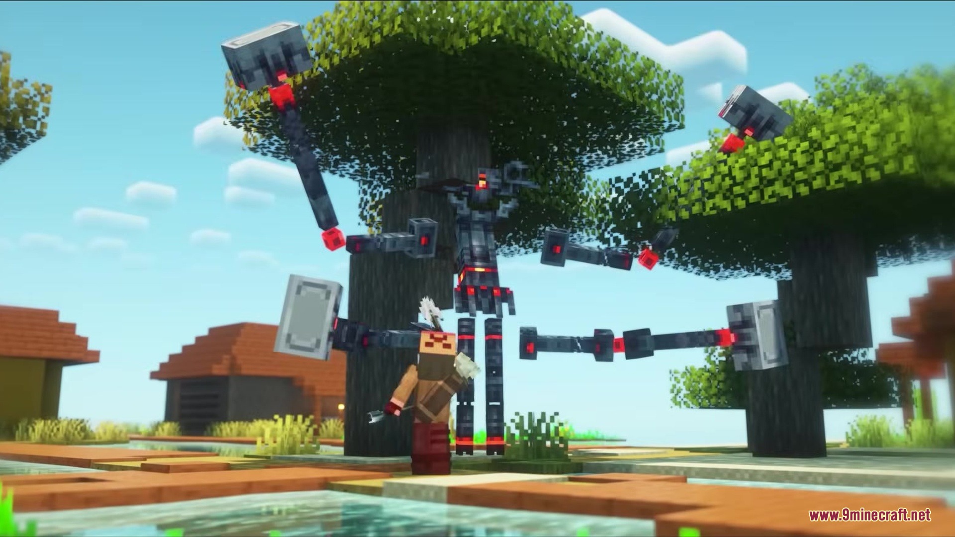 Endermanballs Mod Screenshot 3 A massive mechanical boss with many arms standing in a Minecraft village