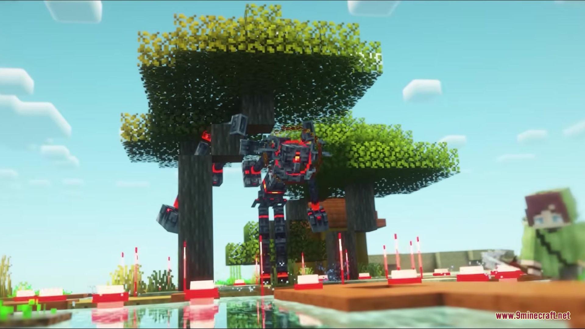 Endermanballs Mod Screenshot 4 A giant mechanical boss mob targeting a player in a sunny Minecraft village