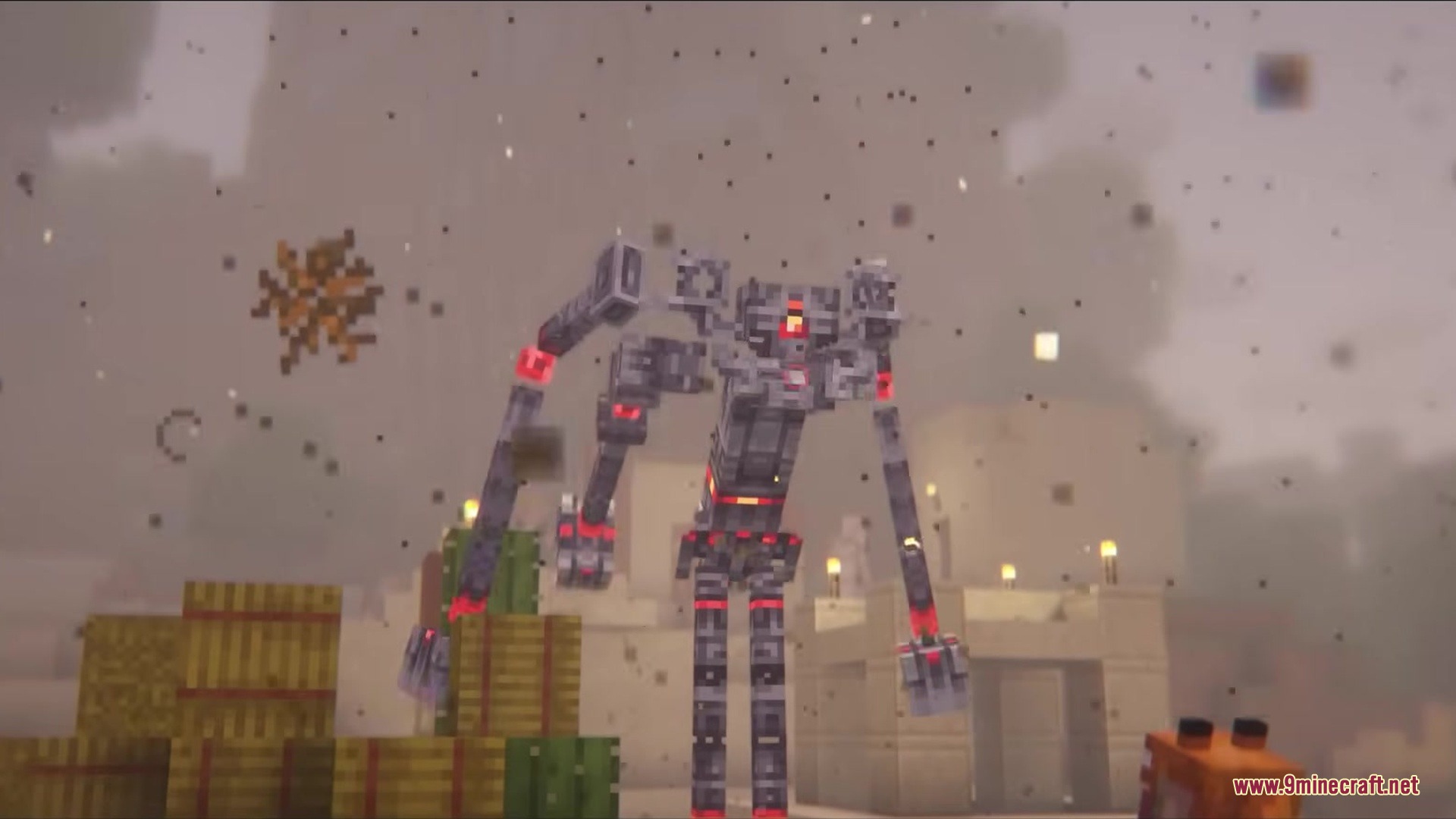 Endermanballs Mod Screenshot 5 A massive mechanical creature with red lights towering over a desert village