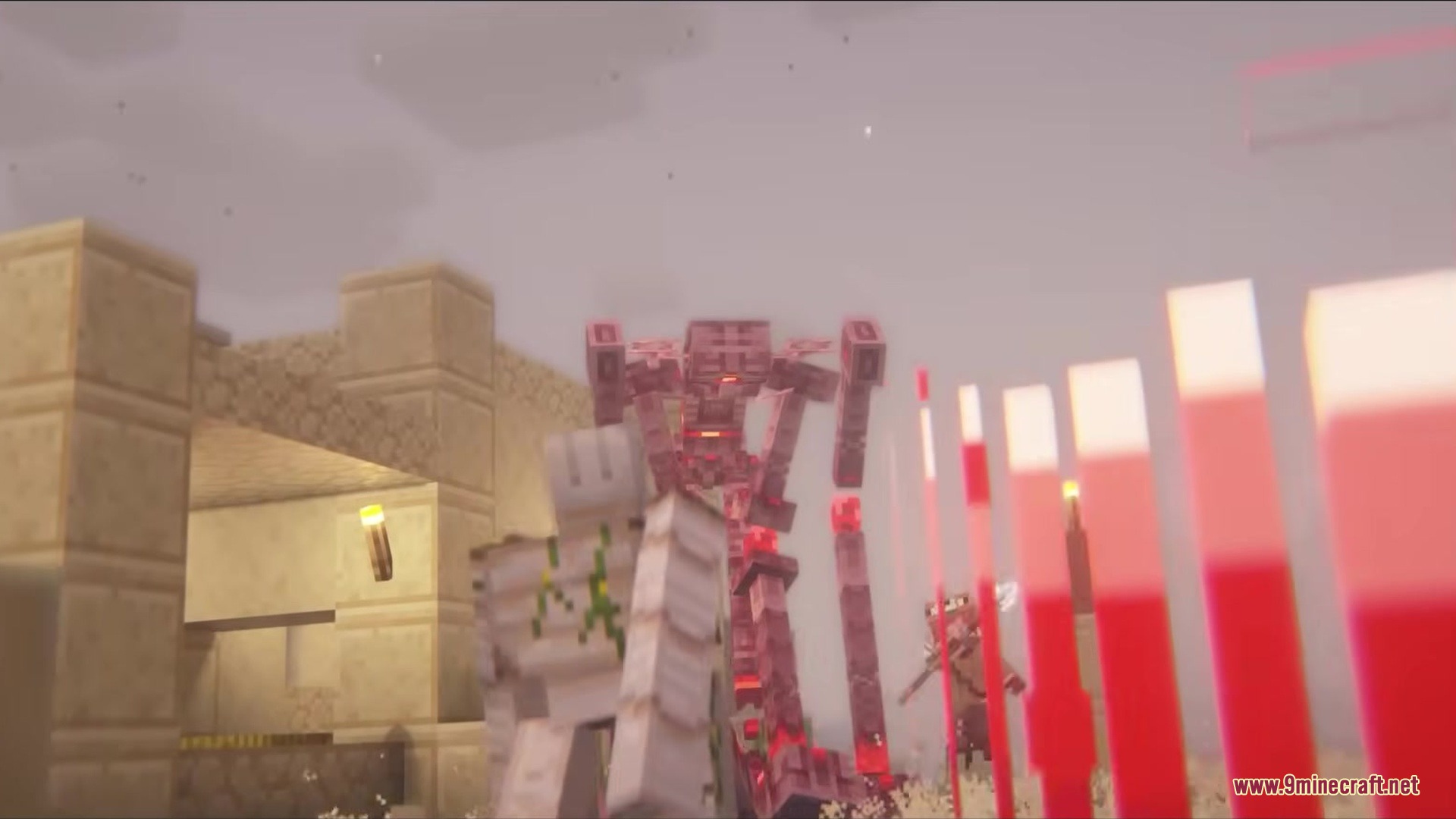 Endermanballs Mod Screenshot 6 A giant red robot battling an iron golem in a desert village