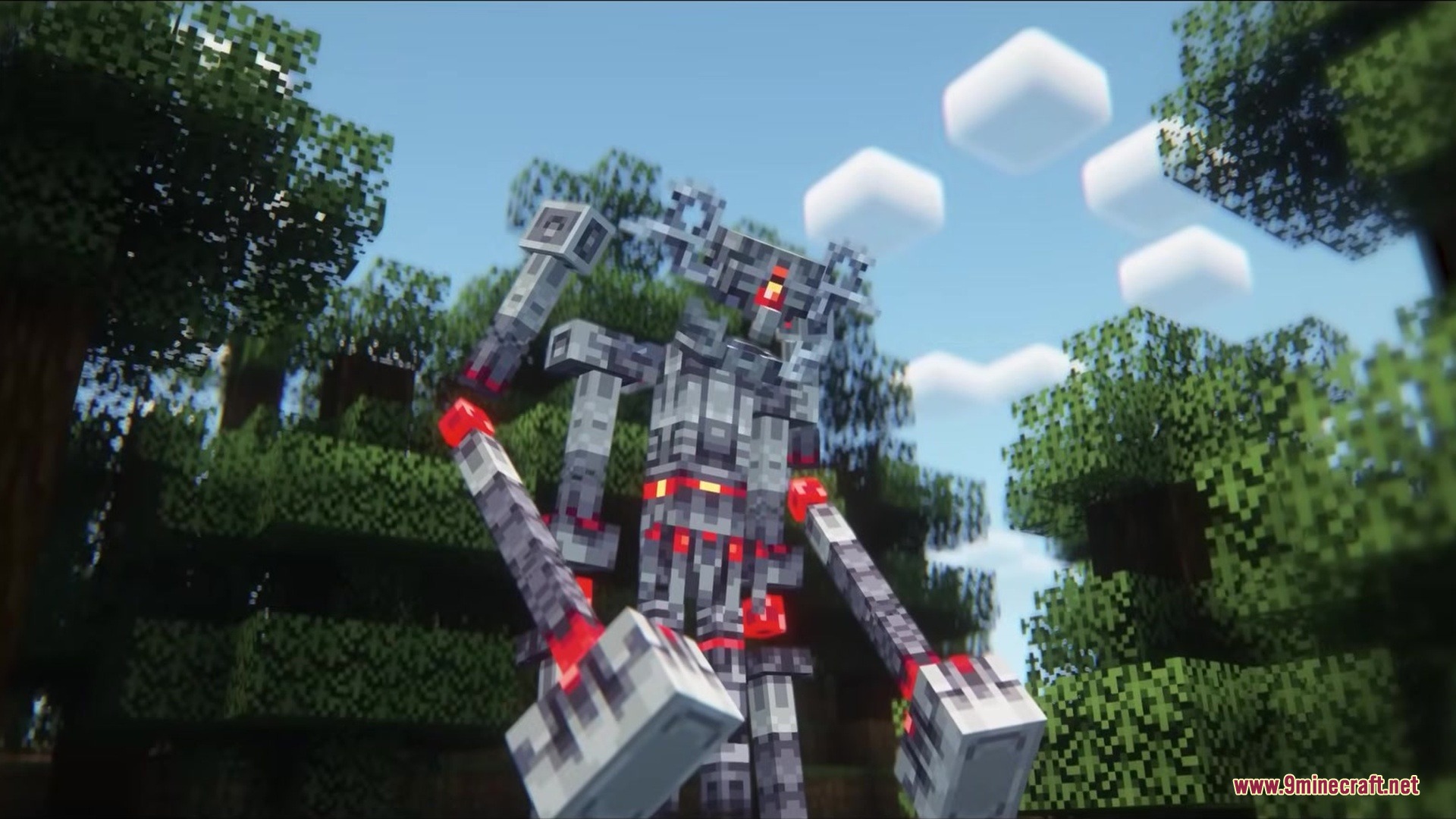 Endermanballs Mod Screenshot 7 A giant grey and red mechanical robot standing in a lush green forest