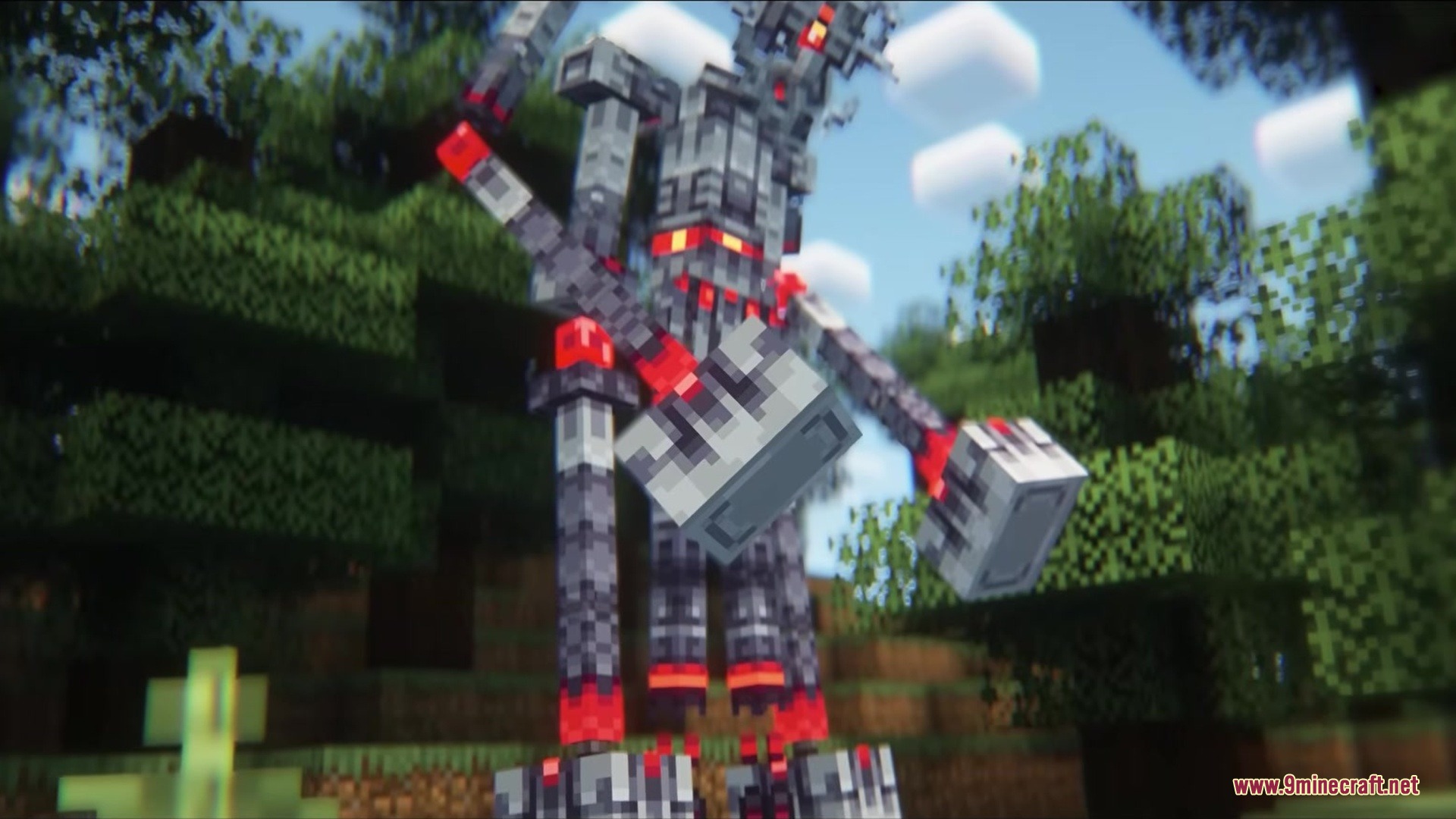 Endermanballs Mod Screenshot 8 A massive mechanical robot with glowing red eyes standing among tall green trees