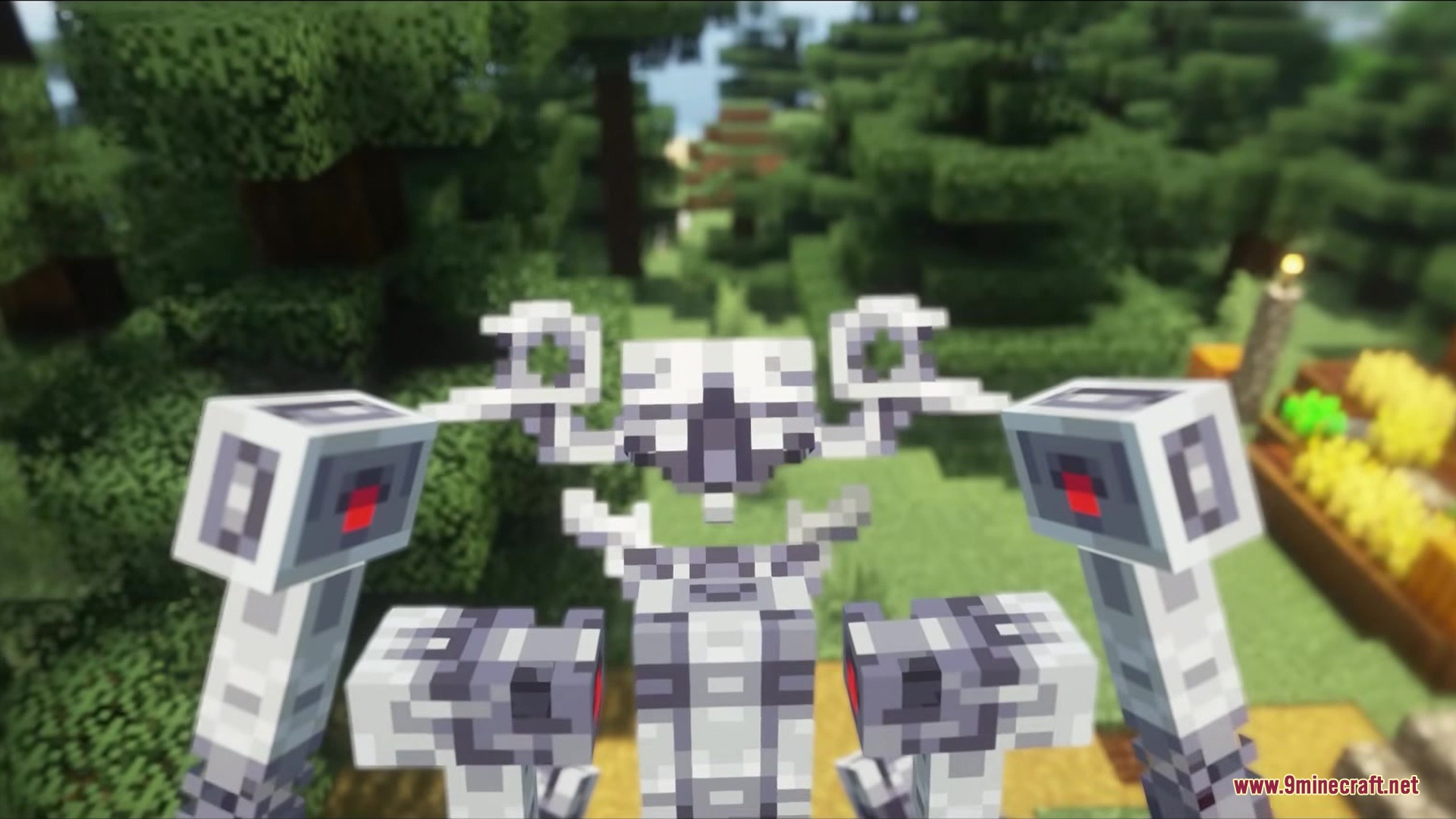 Endermanballs Mod Screenshot 9 A large white mechanical robot with red eyes standing in a green forest