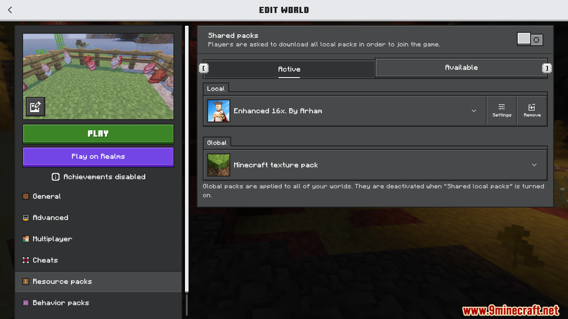 Resource packs menu displaying the active Enhanced 16x texture pack for world editing