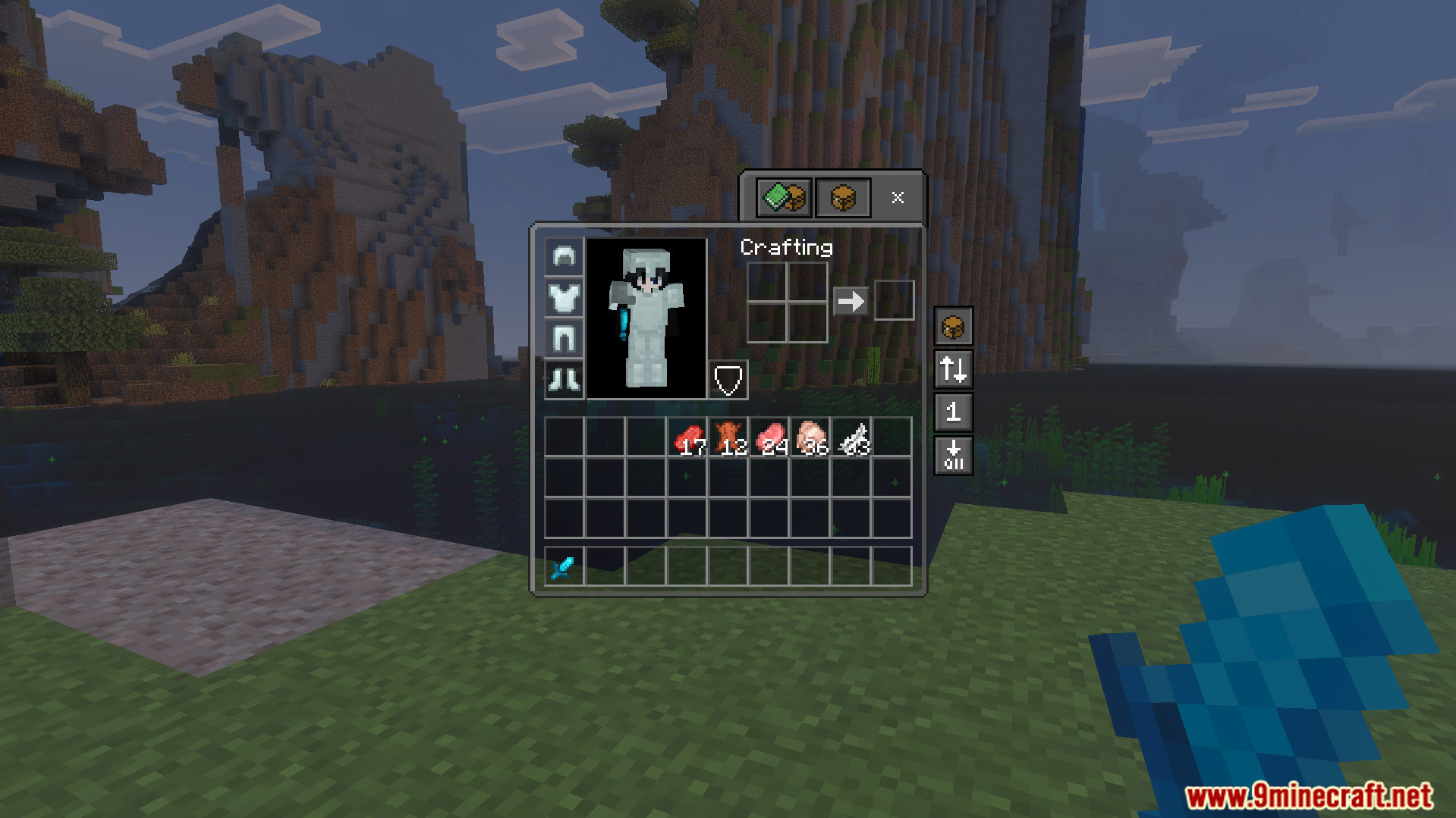 Dark and clear inventory interface showing various food items and a short sword