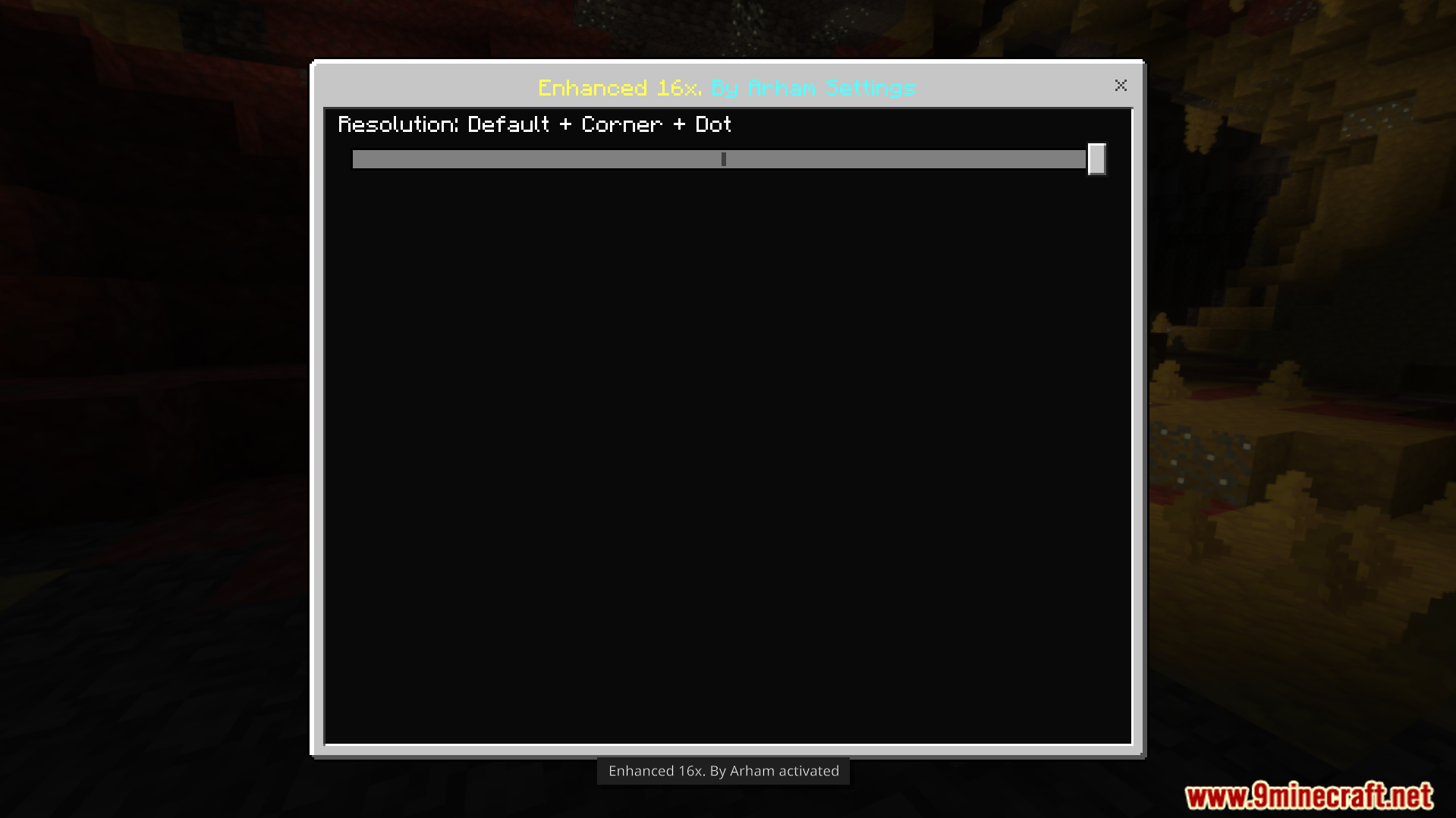 Dark interface settings menu showing resolution options for the active texture pack