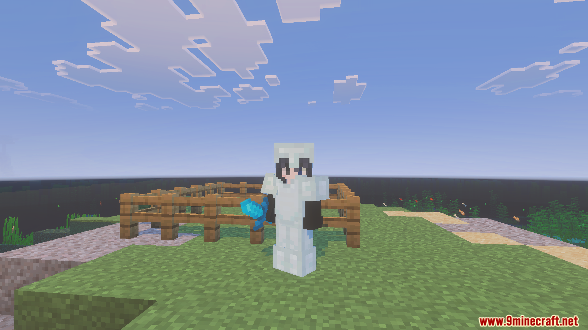 Minecraft player wearing white armor holding a short blue sword near fences
